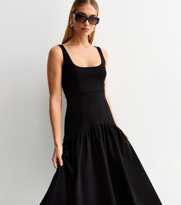 Black Square Neck Midi Dress