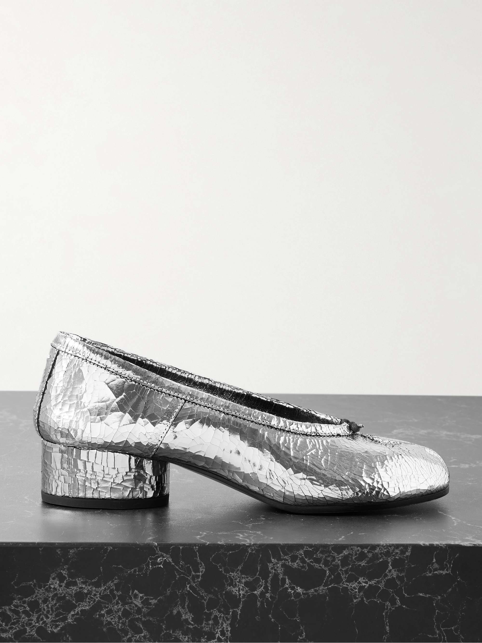 Tabi Ballerina Split-Toe Metallic Cracked-Leather Pumps