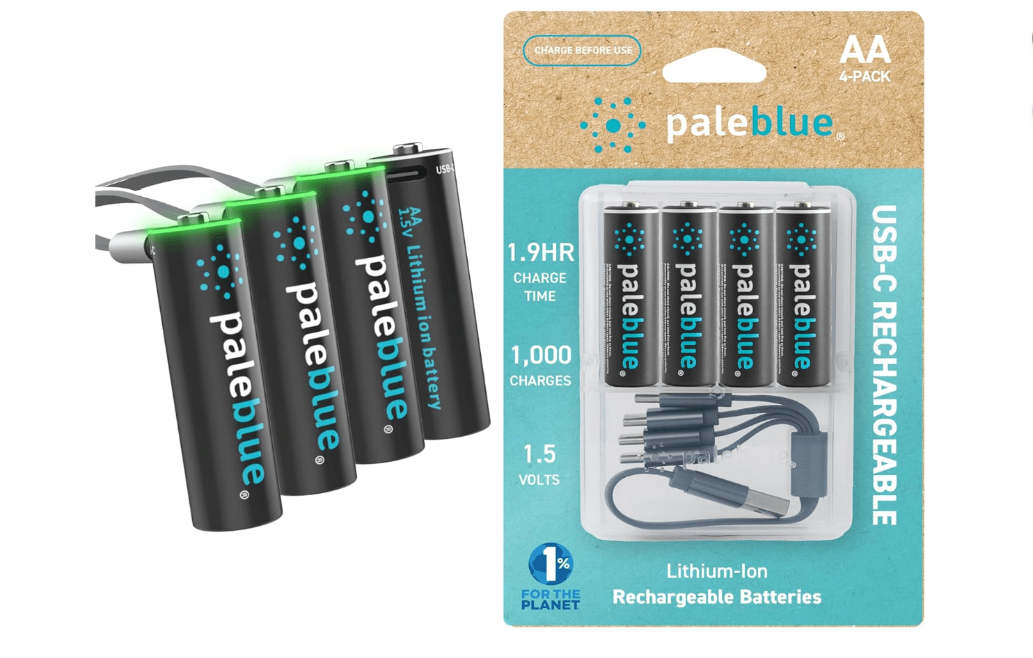 Four AA batteries on the left, a package of the same batteries on the right.