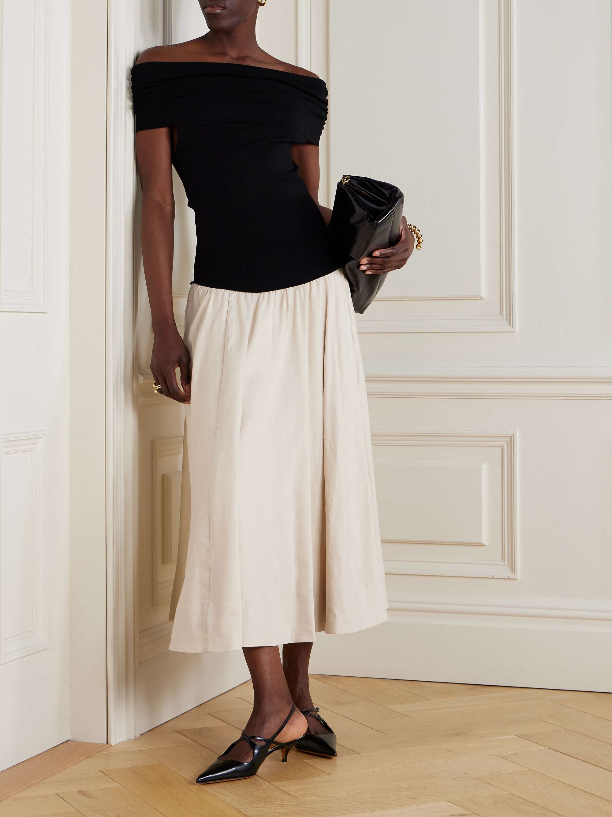 Adaline Off-The-Shoulder Linen-Blend and Recycled Satin-Jersey Midi Dress