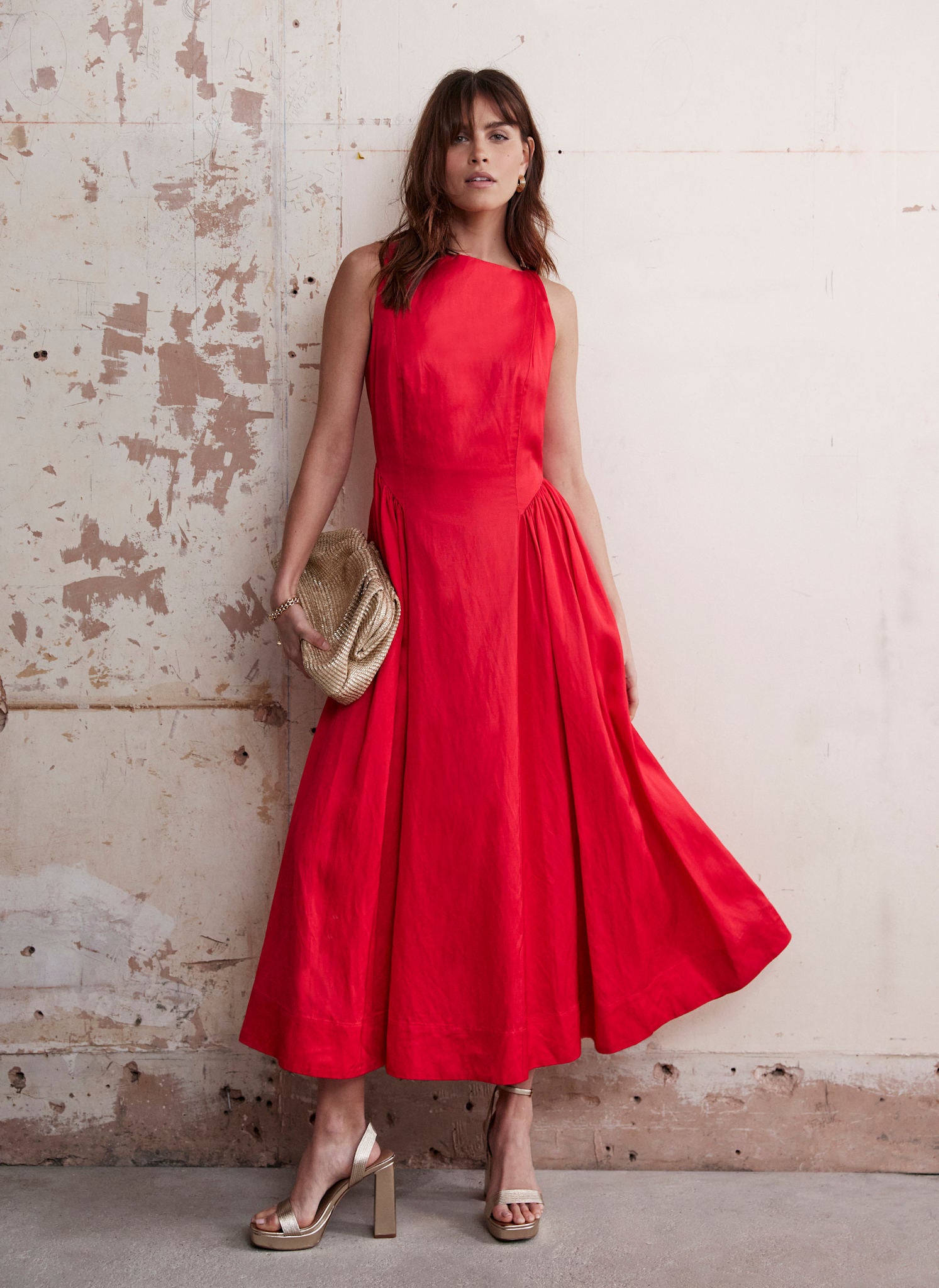 Red Full Skirt Midi Dress