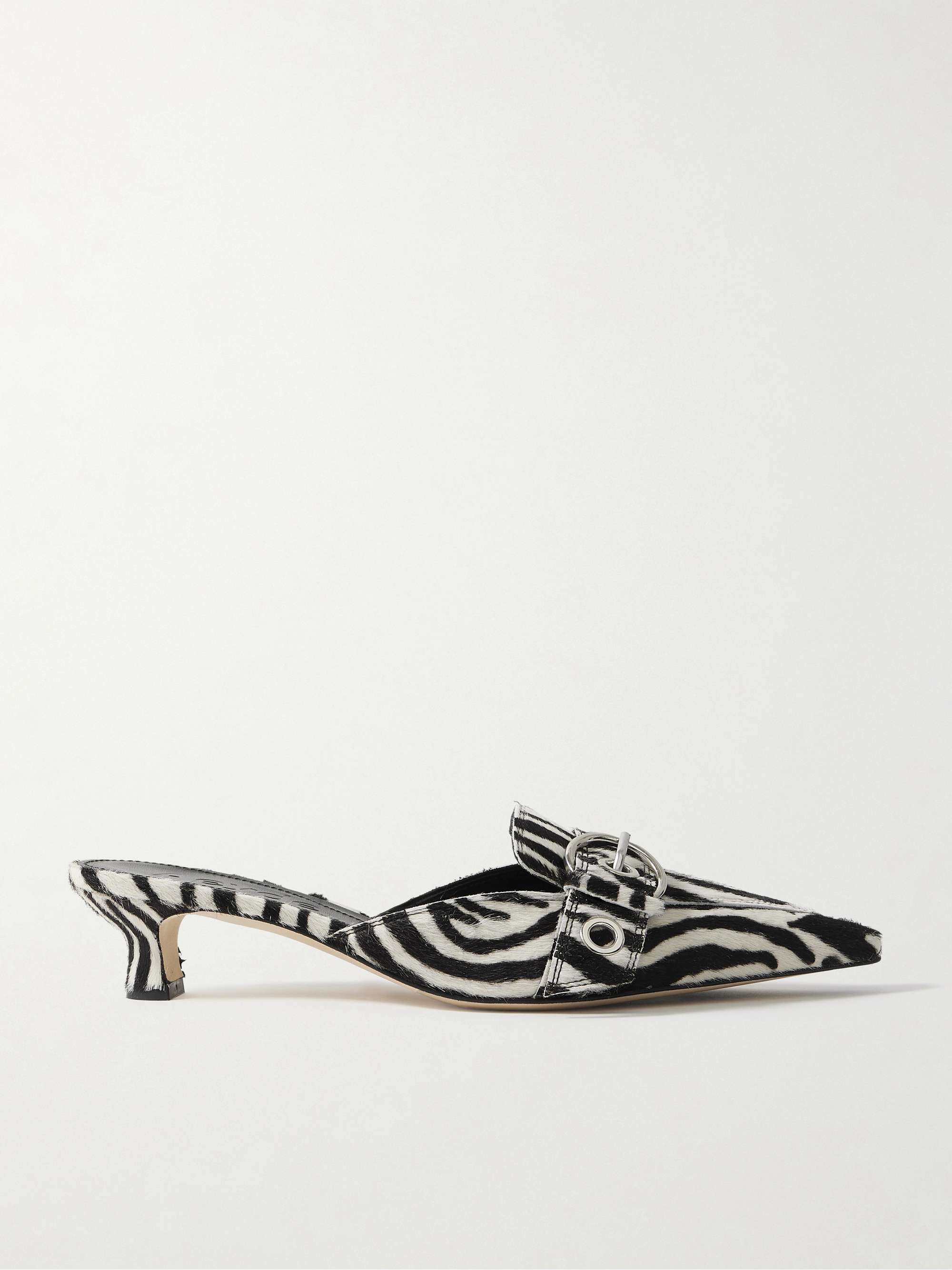 Danielle Buckled Zebra-Print Calf Hair Mules
