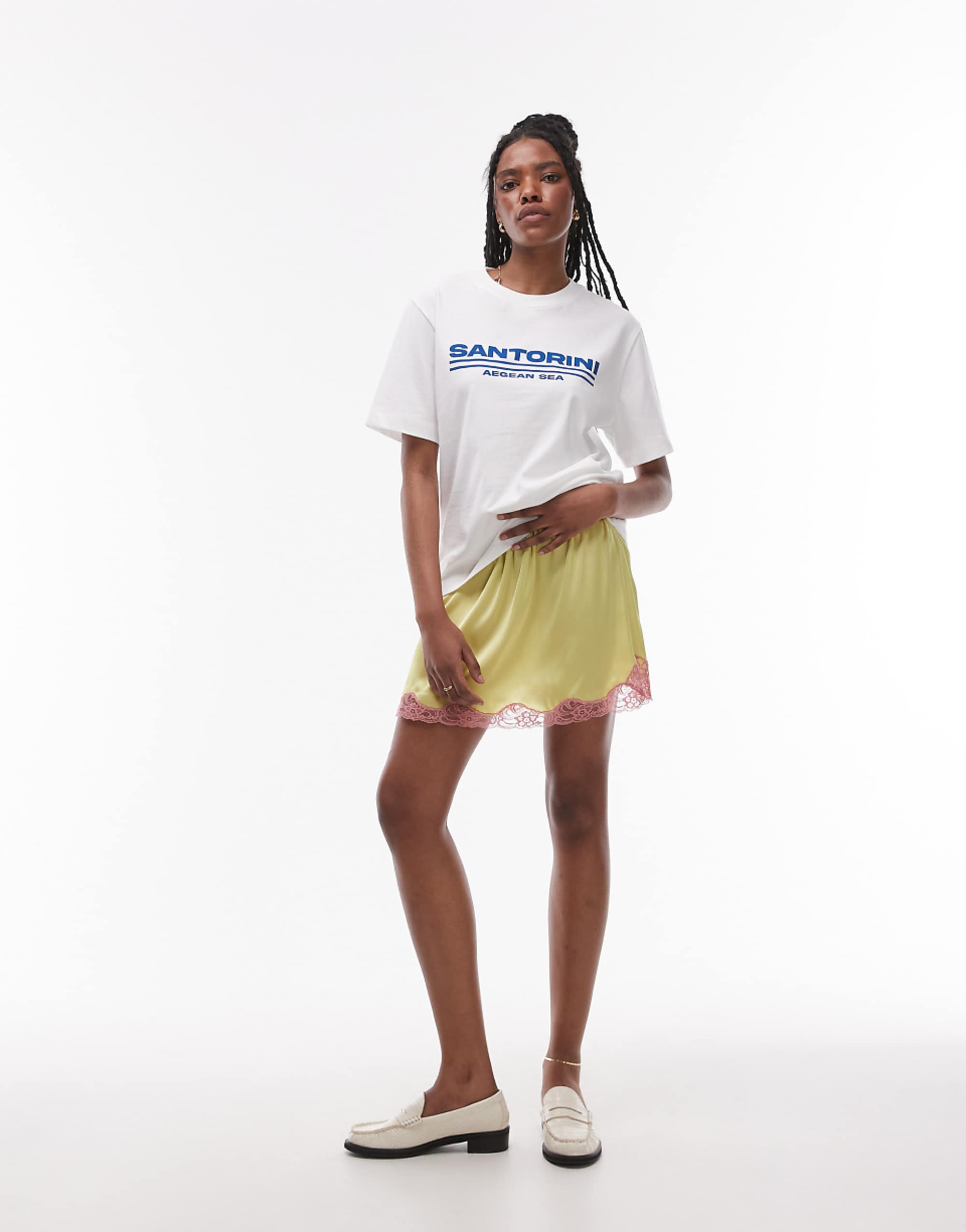 Topshop Satin Lace Petticoat Lace Mini Skirt in Lime With Pale Pink Lace