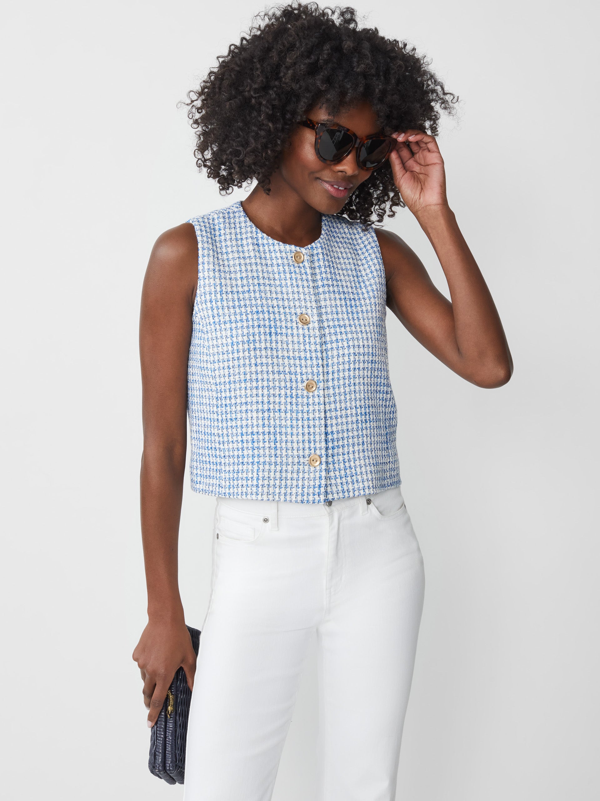 Off_white/blue Houndstooth Iona Tweed Vest | Women's Tops | J.mclaughlin