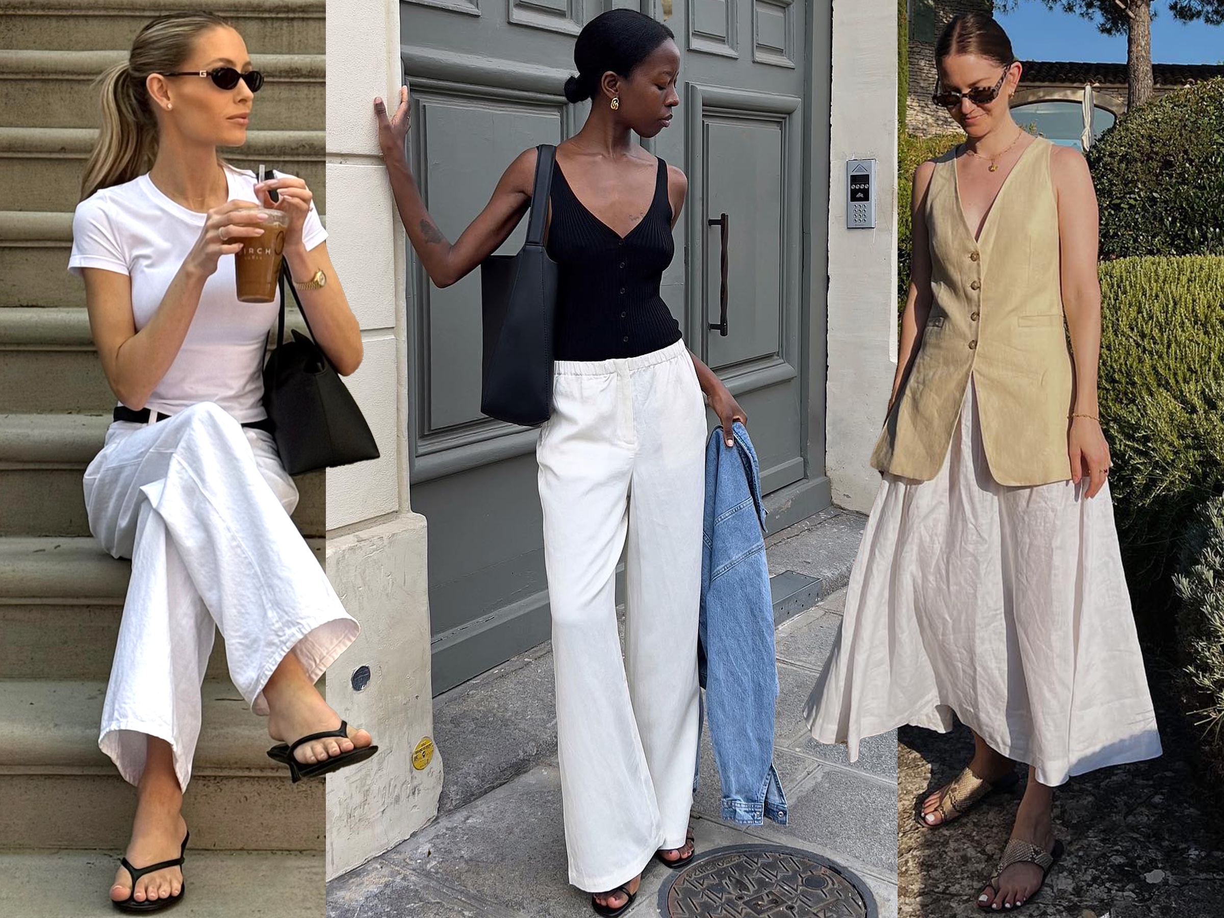 fashion collage featuring three style influencers including Fredrika Ekerot, Sylvie Mus, and Marissa Cox wearing chic summer outfits with black heeled flip-flops, white drawstring linen pants, and a full white skirt