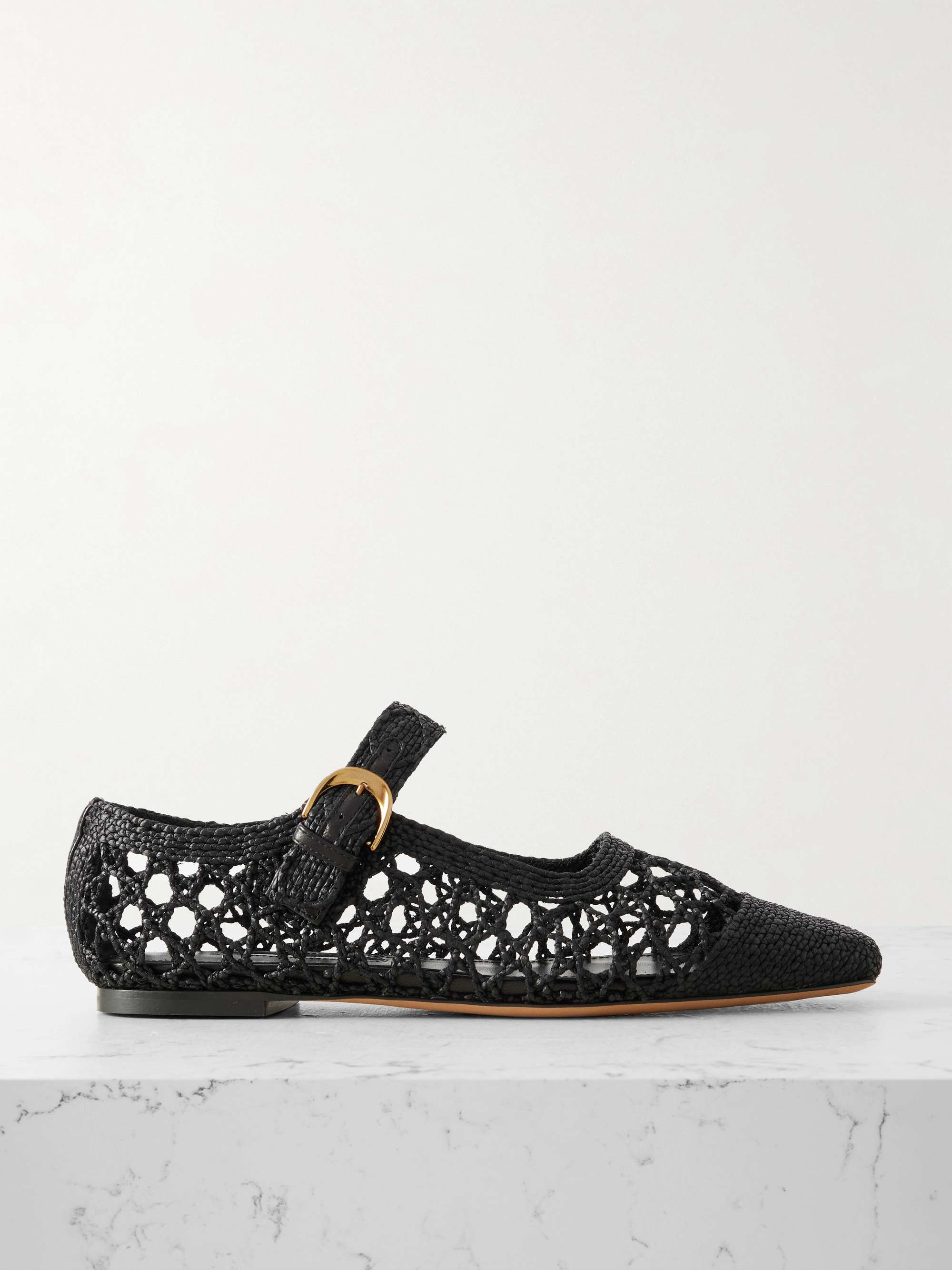 Tramonto Leather-Trimmed Woven Raffia Mary Jane Ballet Flats