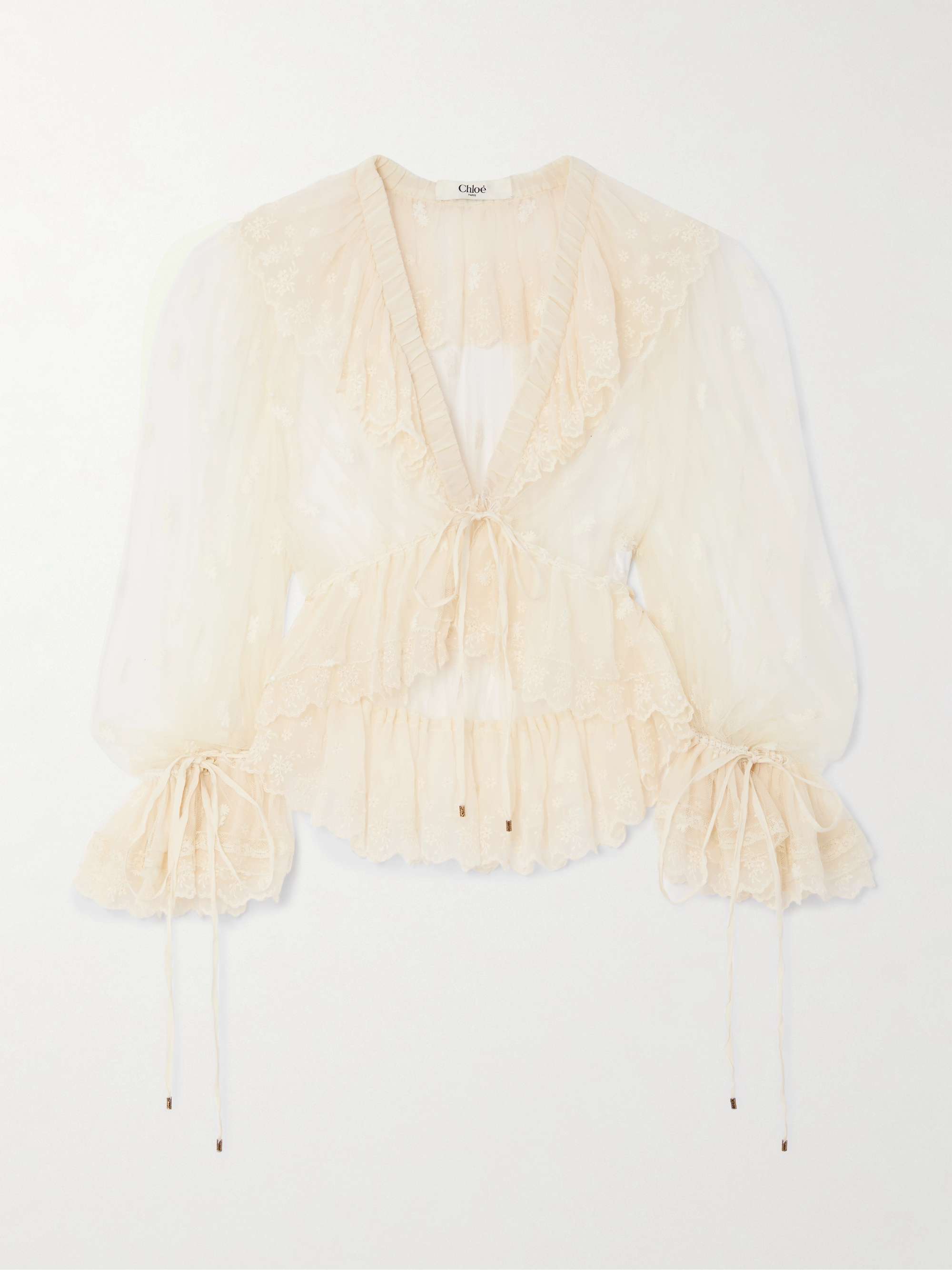 Ruffled Embroidered Mesh Blouse