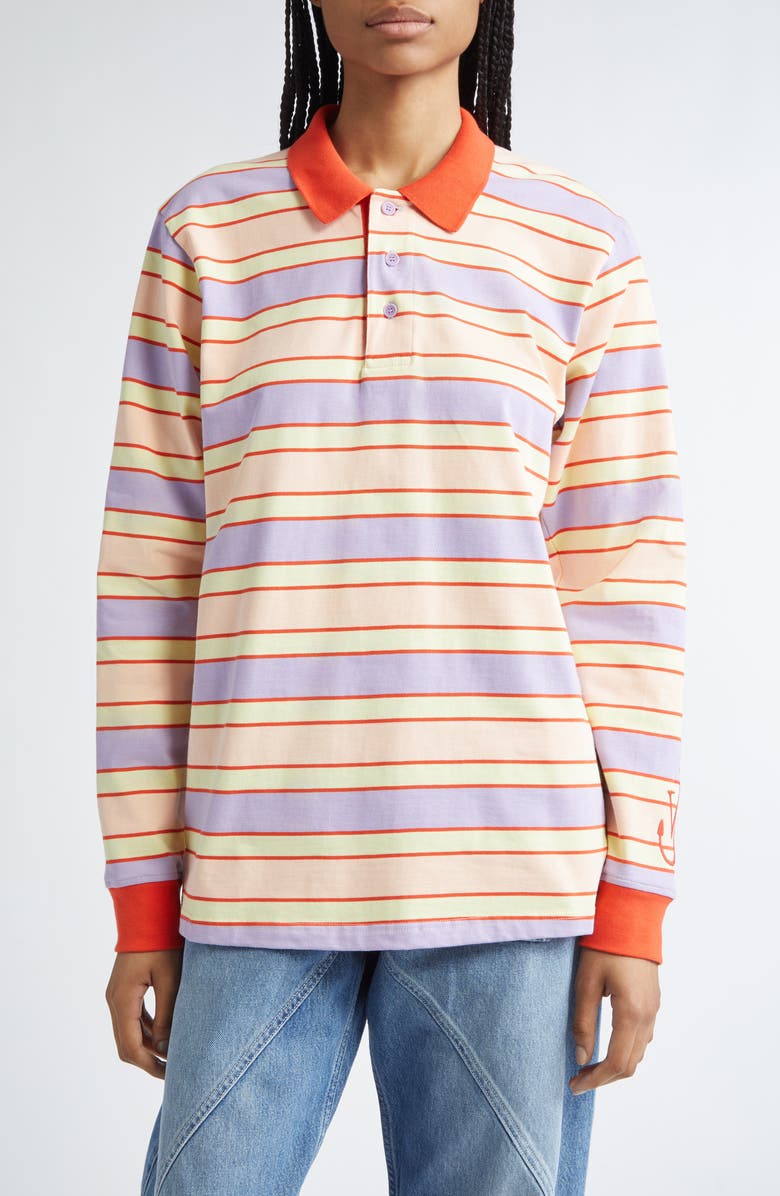 Oversize Stripe Contrast Trim Long Sleeve Polo
