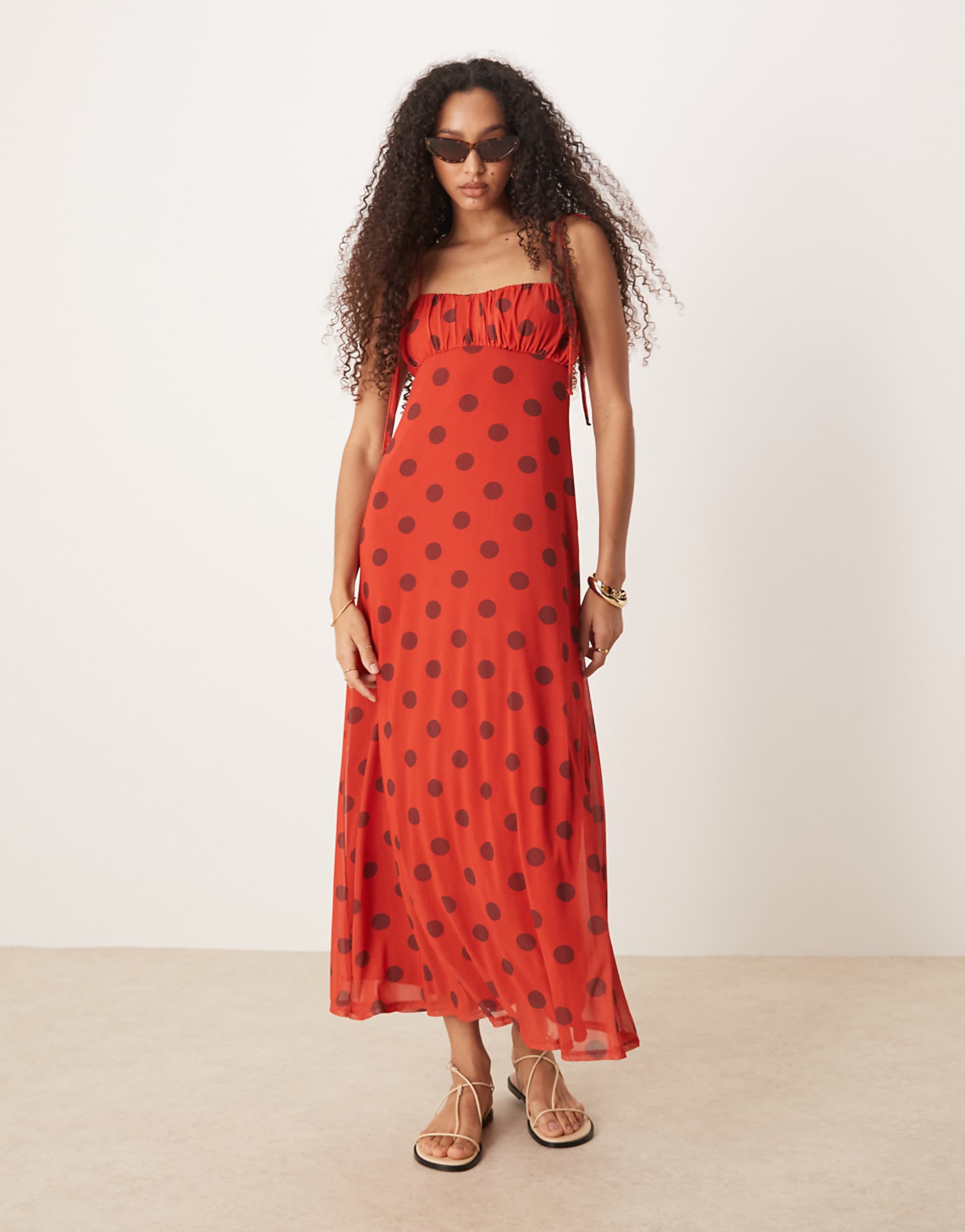 Asos Design Cami Tie Strap Midi Tea Dress in Red Polka Dot Print