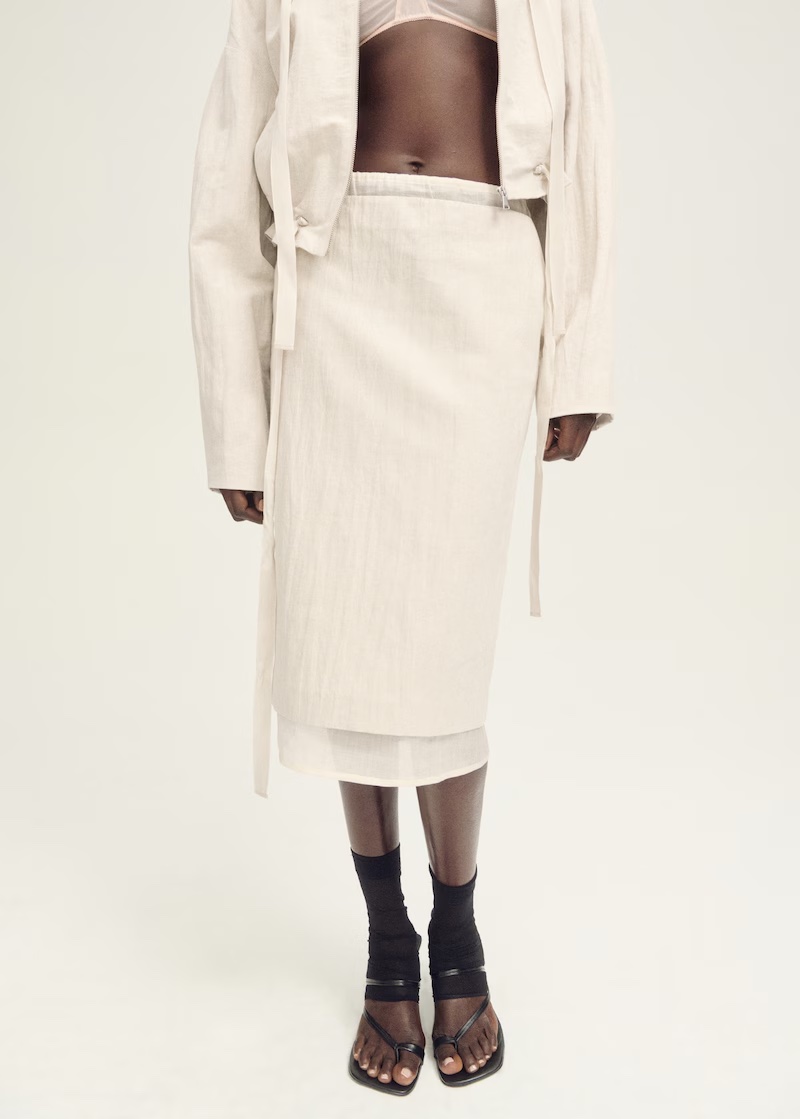 MANGO, Combined Linen-Blend Midi-Skirt
