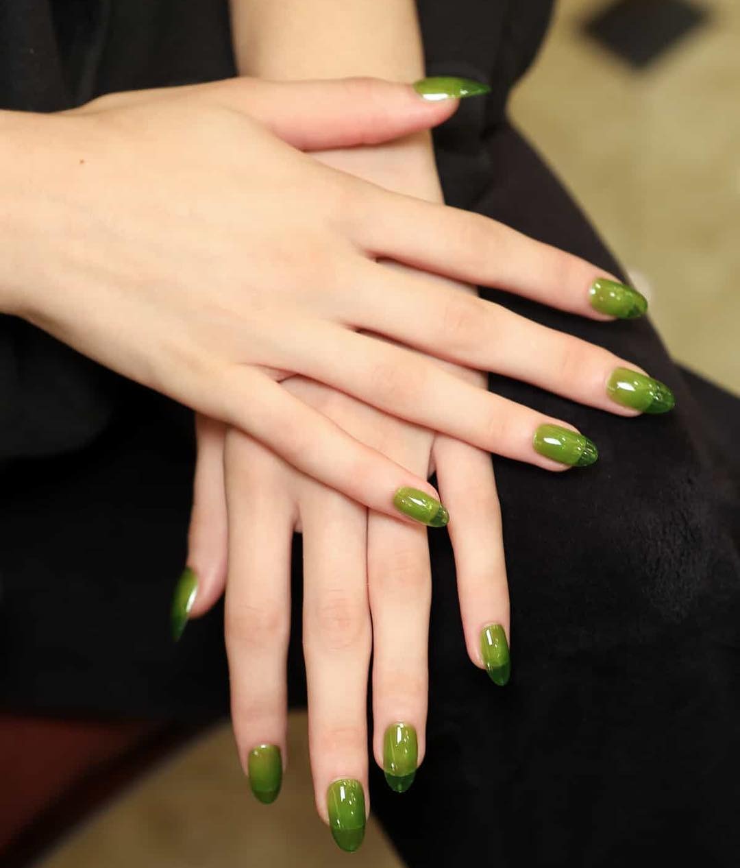 Green jelly nails done by Holly Falcone.