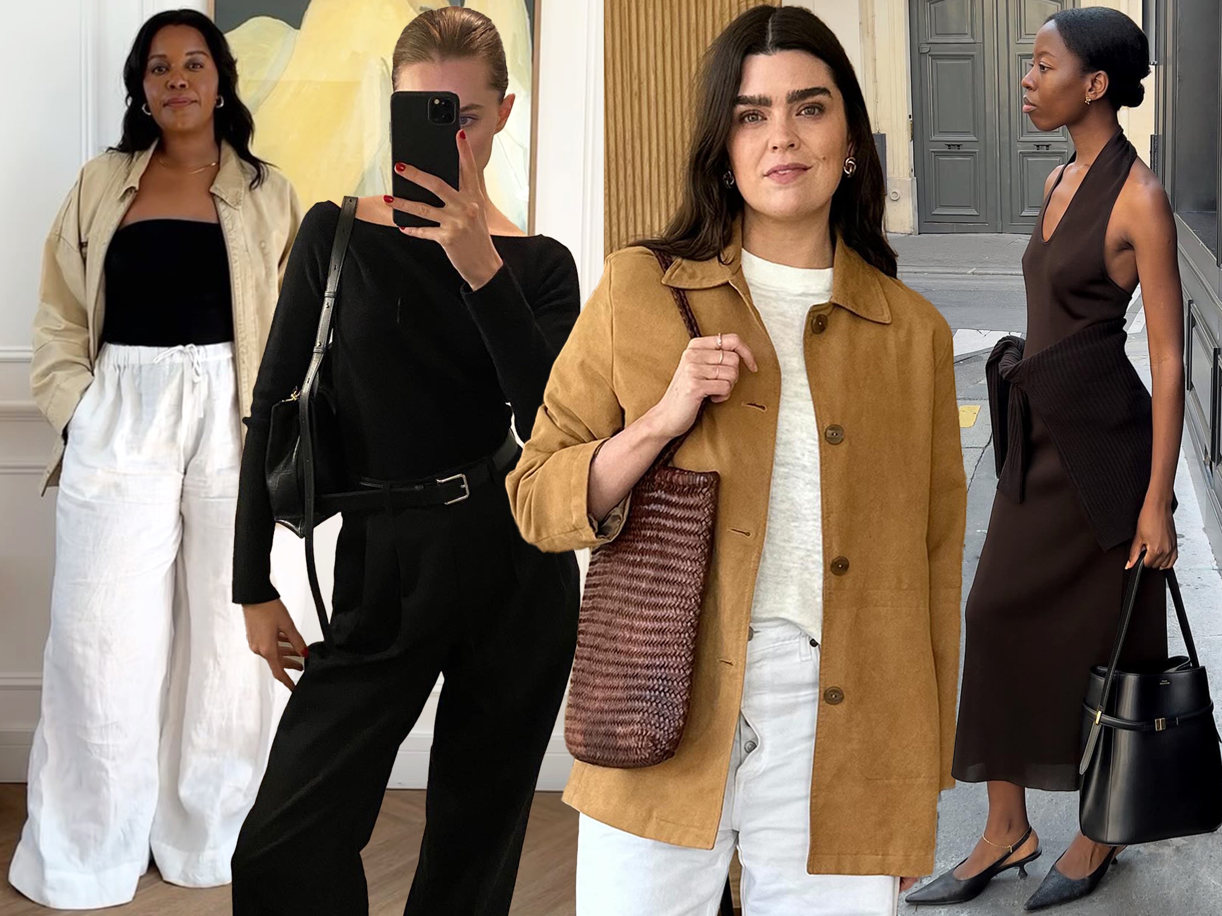 Fashion collage of style influencers Karina Marriott, Christie Tyler, Anna Newton, and Sylvie Mus wearing rich-looking spring outfits