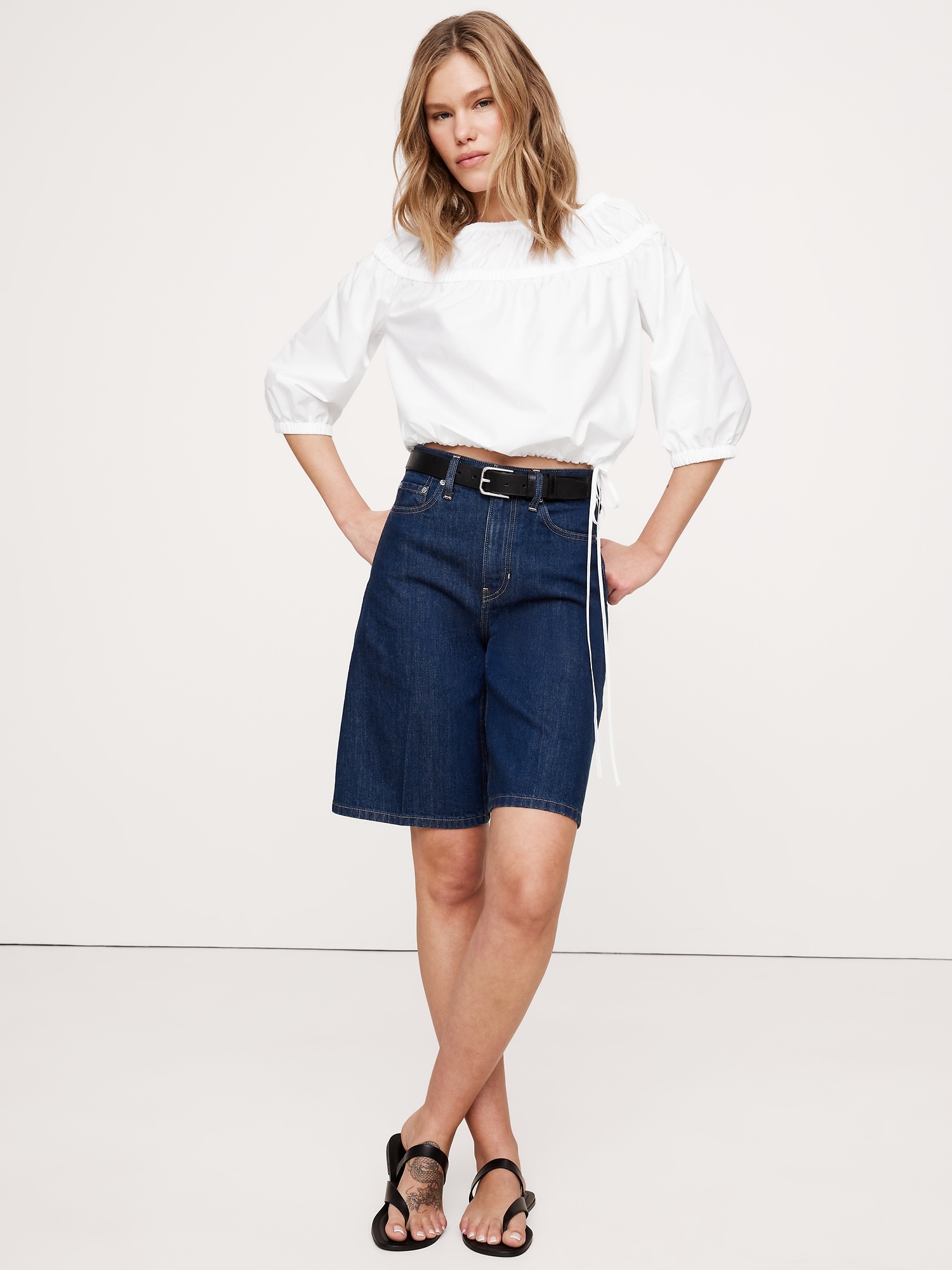 Cotton Poplin Ruched Bubble-Hem Top
