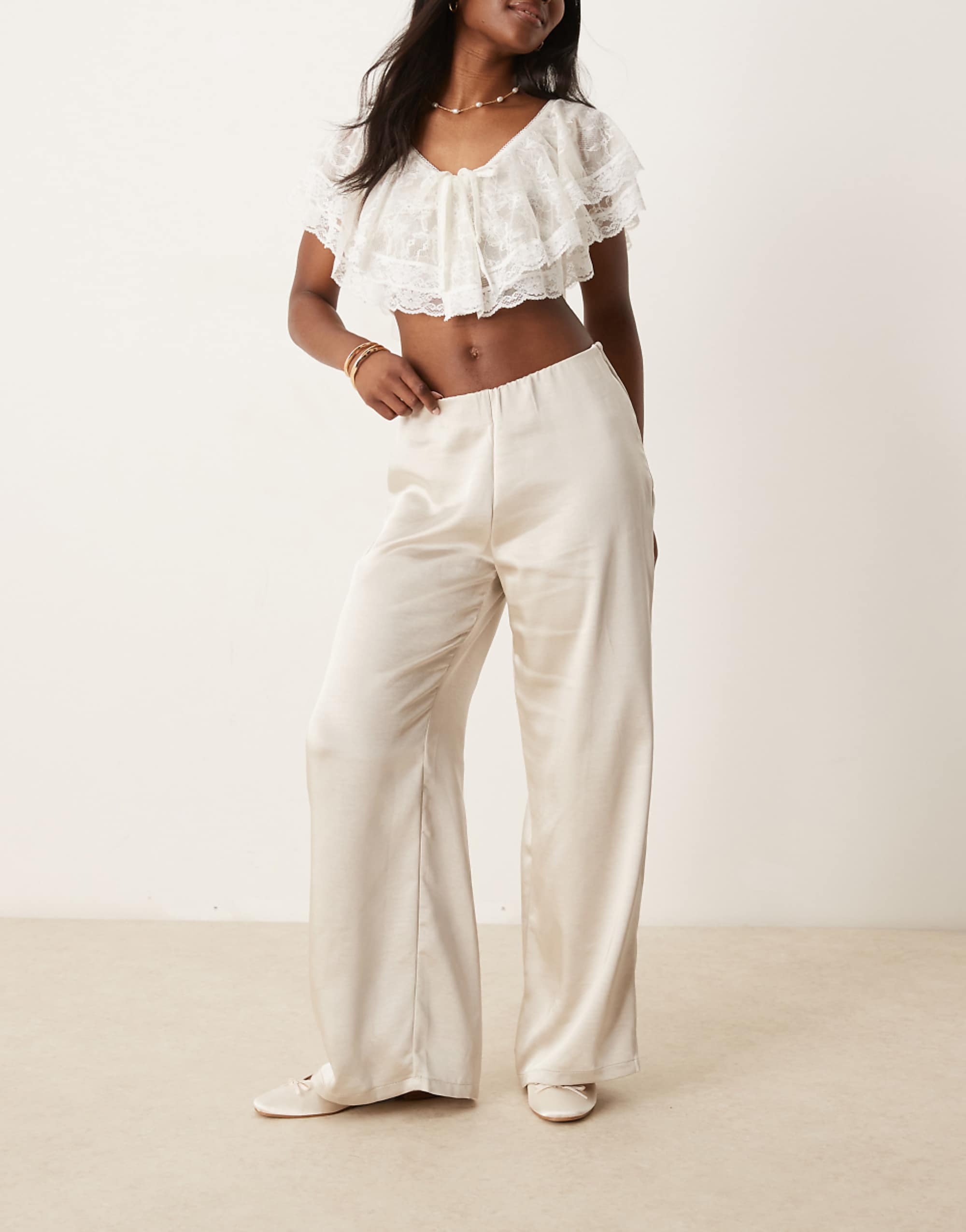 Aware Wide Leg Satin Pull on Trousers in Stone