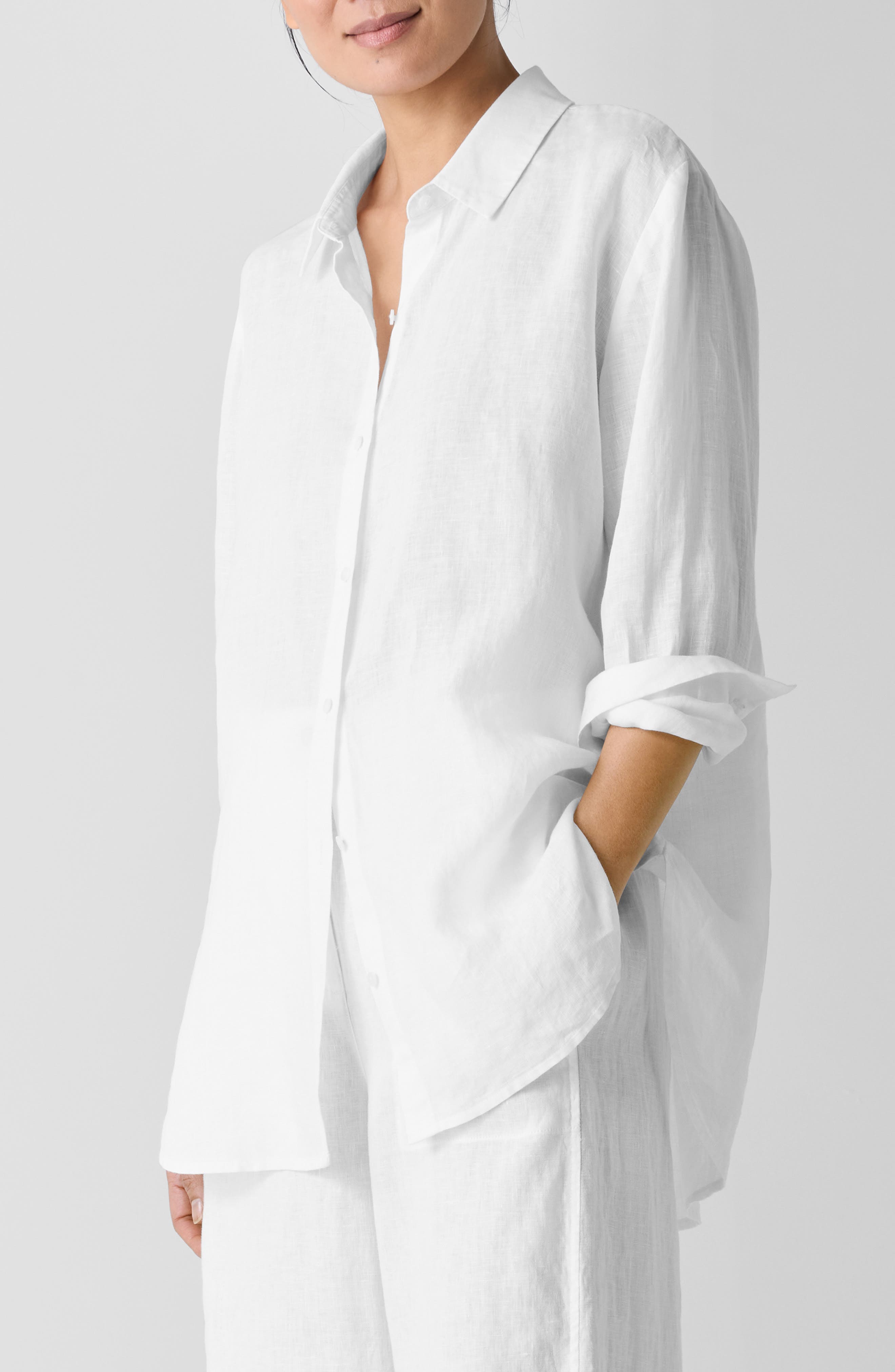 Eileen Fisher, Classic Collar Organic Linen Long Button-Up Shirt