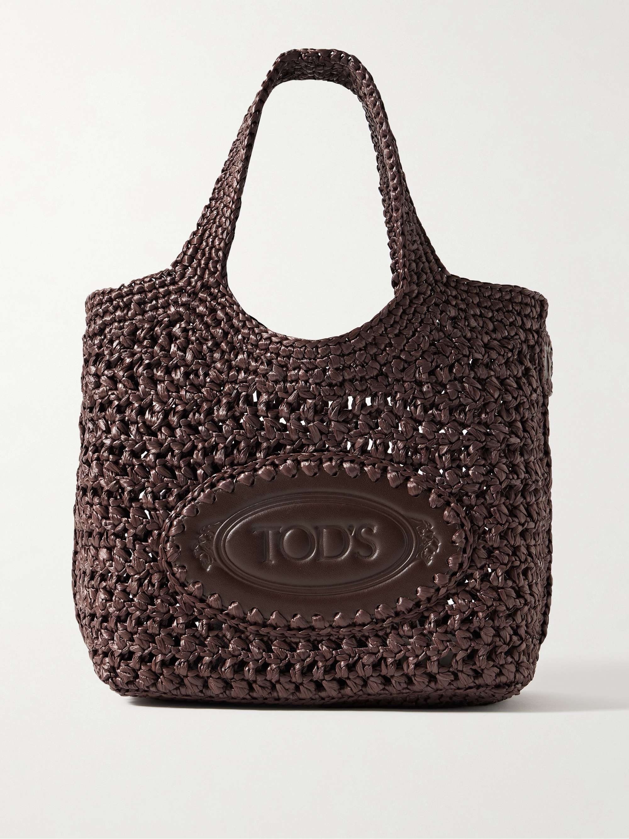 Mini Leather-Trimmed Woven Raffia Tote