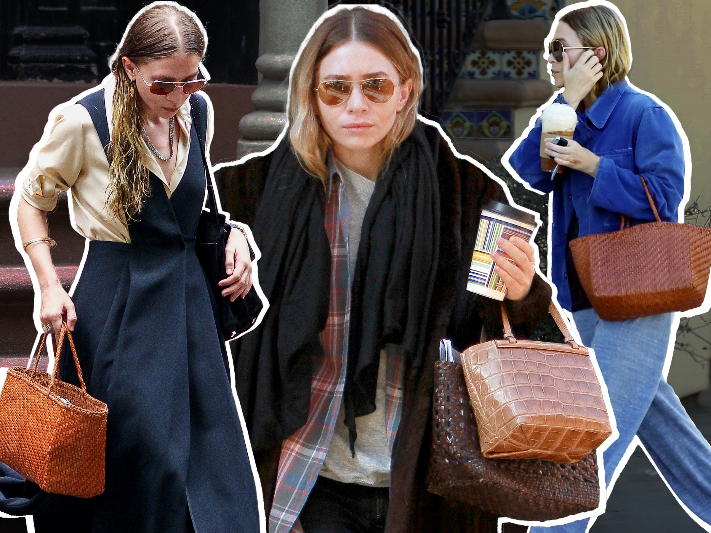 collage of three paparazzi shots of Ashley Olsen wearing chic outfits with Dragon Diffusion woven bags