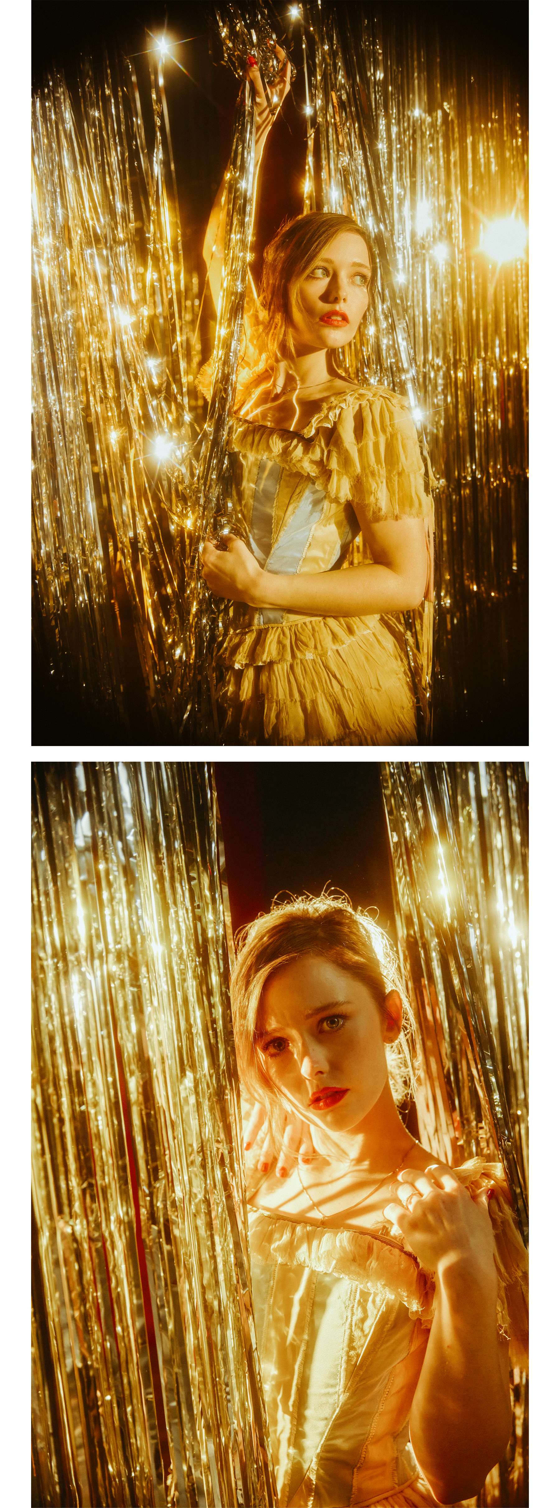 Suzanna Son interacts with a silver tinsel backdrop wearing a Gabe Gordon minidress with ruffled skirt and gold and blue striped bustier top.