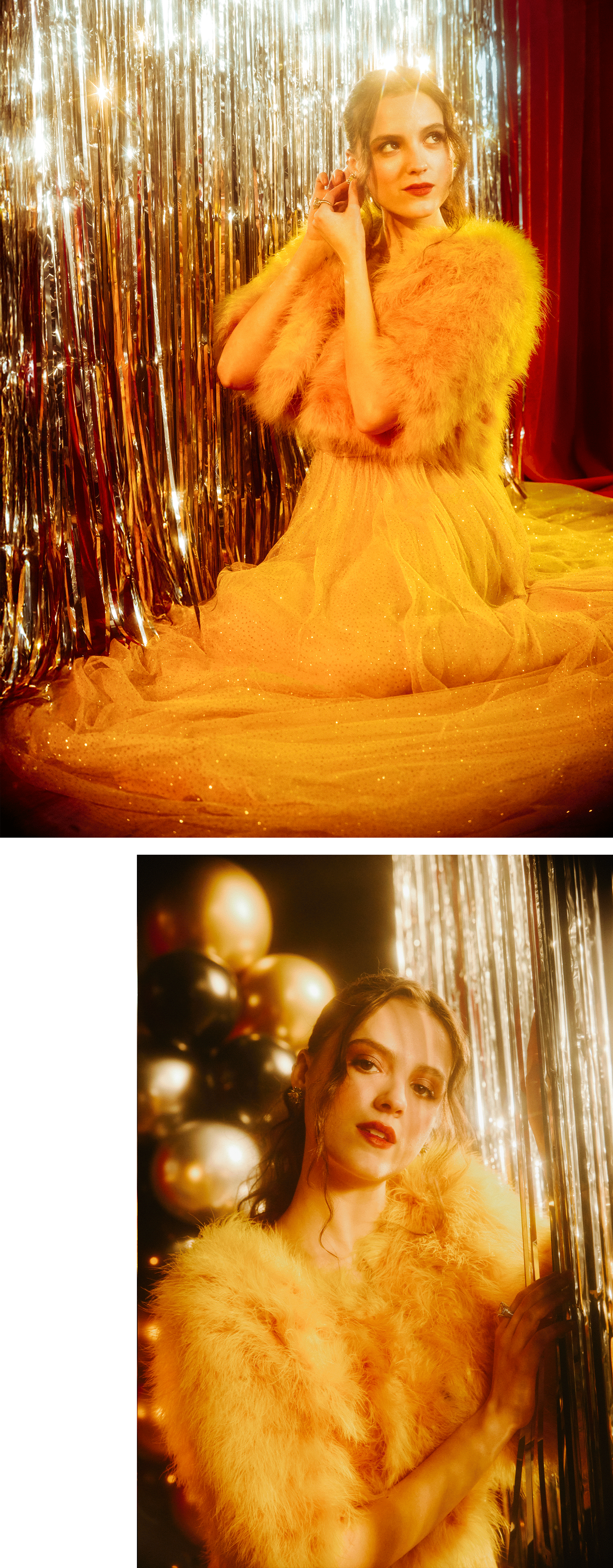 Fear Street: Prom Queen actress Fina Strazza poses with a silver tinsel backdrop wearing a golden yellow Gucci gown with furry trim.