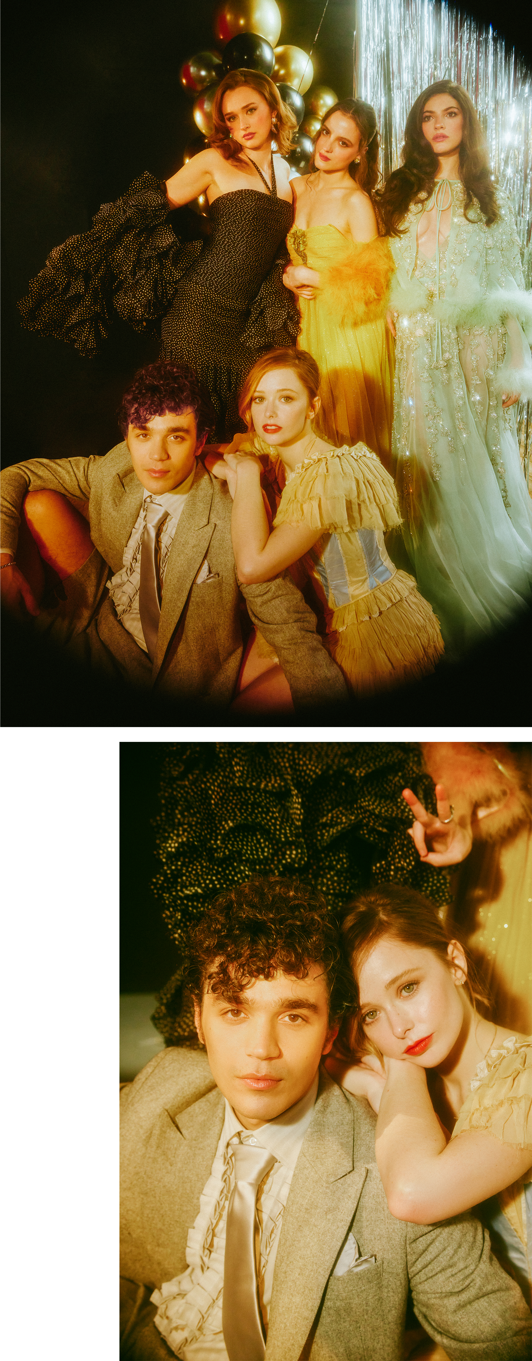 The cast of Fear Street: Prom Queen pose together in prom-themed photos.