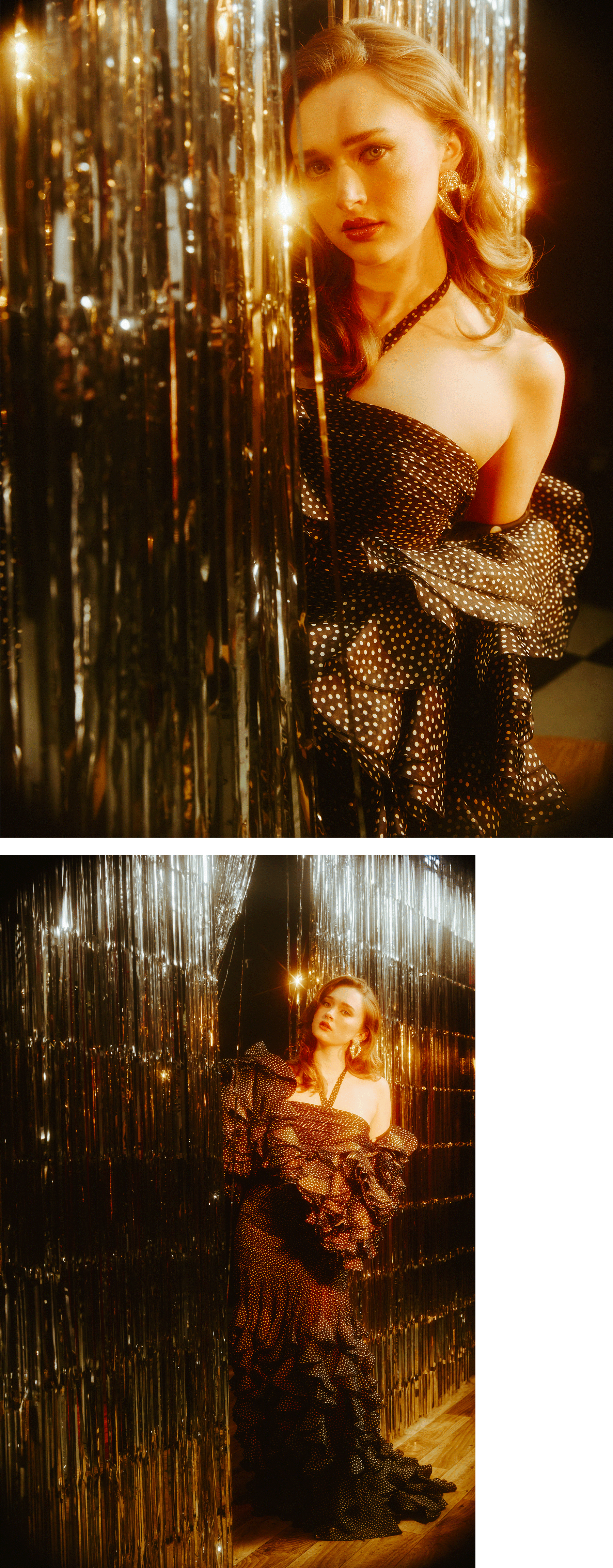 India Fowler stands in front of a silver tinsel backdrop wearing a Valentino black polka-dot gown with halter neckline and ruffled detailing on the skirt.