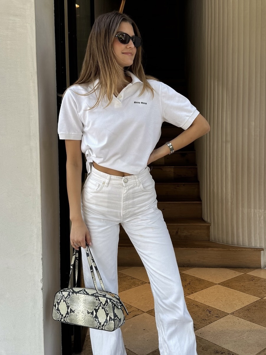 sara walker in an all white outfit