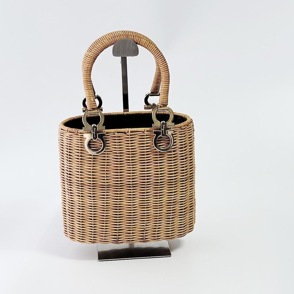 Salvatore Ferragamo Raffia Basket Bag Gancini Vintage