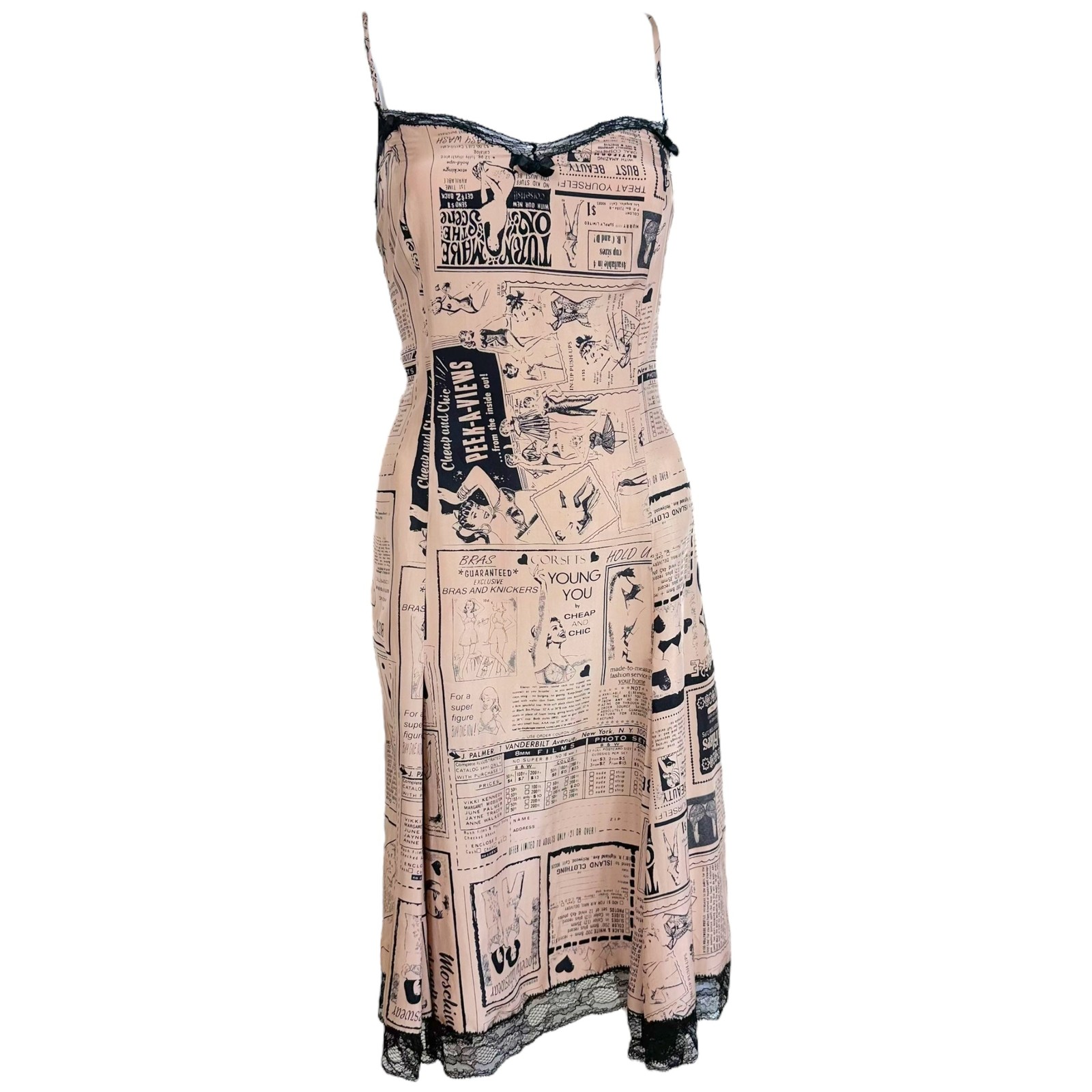Moschino Pink Silk Lingerie Newsprint Slip Dress