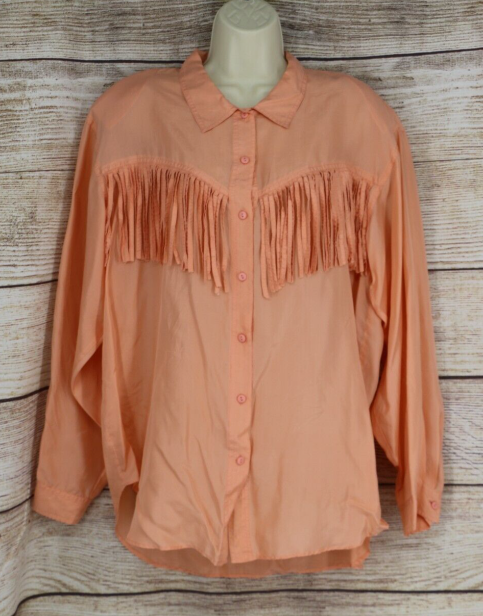 Vintage Silk Mist Womens Size Large Button Down Fringe Blouse Shirt Peach Orange