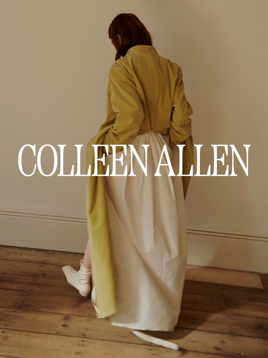 A photo from Colleen Allen's fall/winter 2025 lookbook showcasing a mustard velvet coat and white skirt. Text says "Colleen Allen" in white capital serif letters.