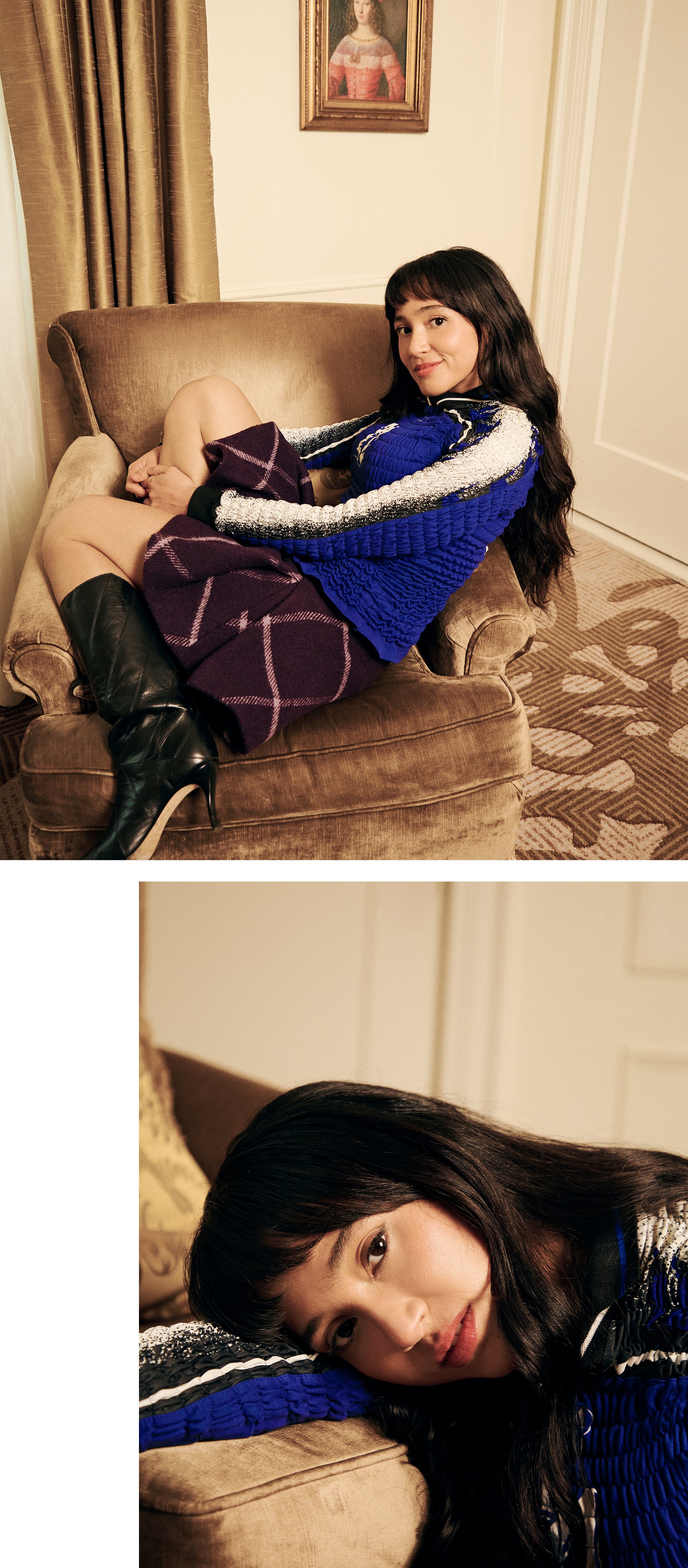 Overcompensating actress Wally Baram poses for portrait at the Plaza Hotel in NYC. She is wearing a long-sleeve smocked blue shirt with the number 21 on the front and a purple plaid miniskirt with black leather boots that hit just below the knee.