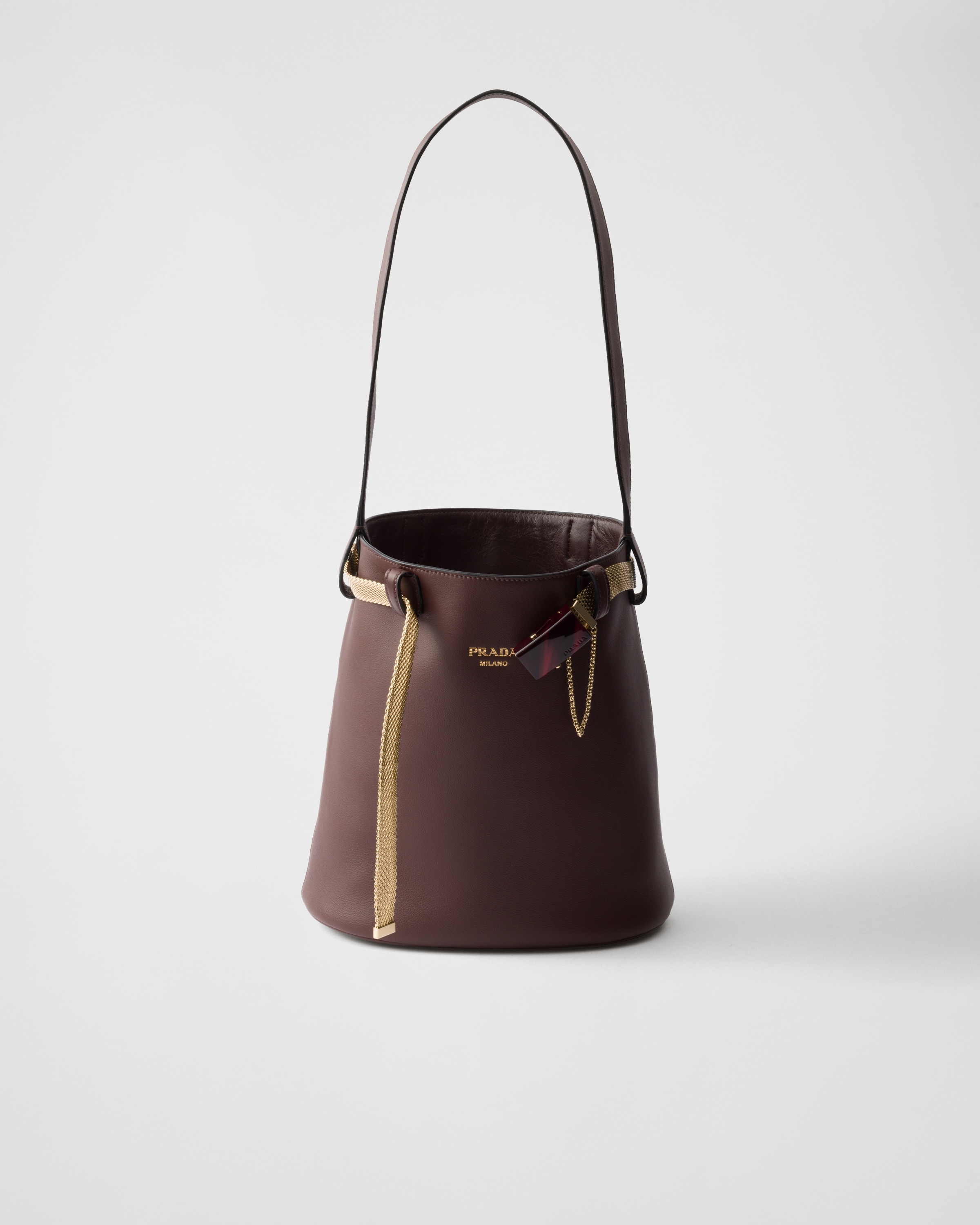 Prada, Buckle Leather Bucket Bag With Jeweled Belt