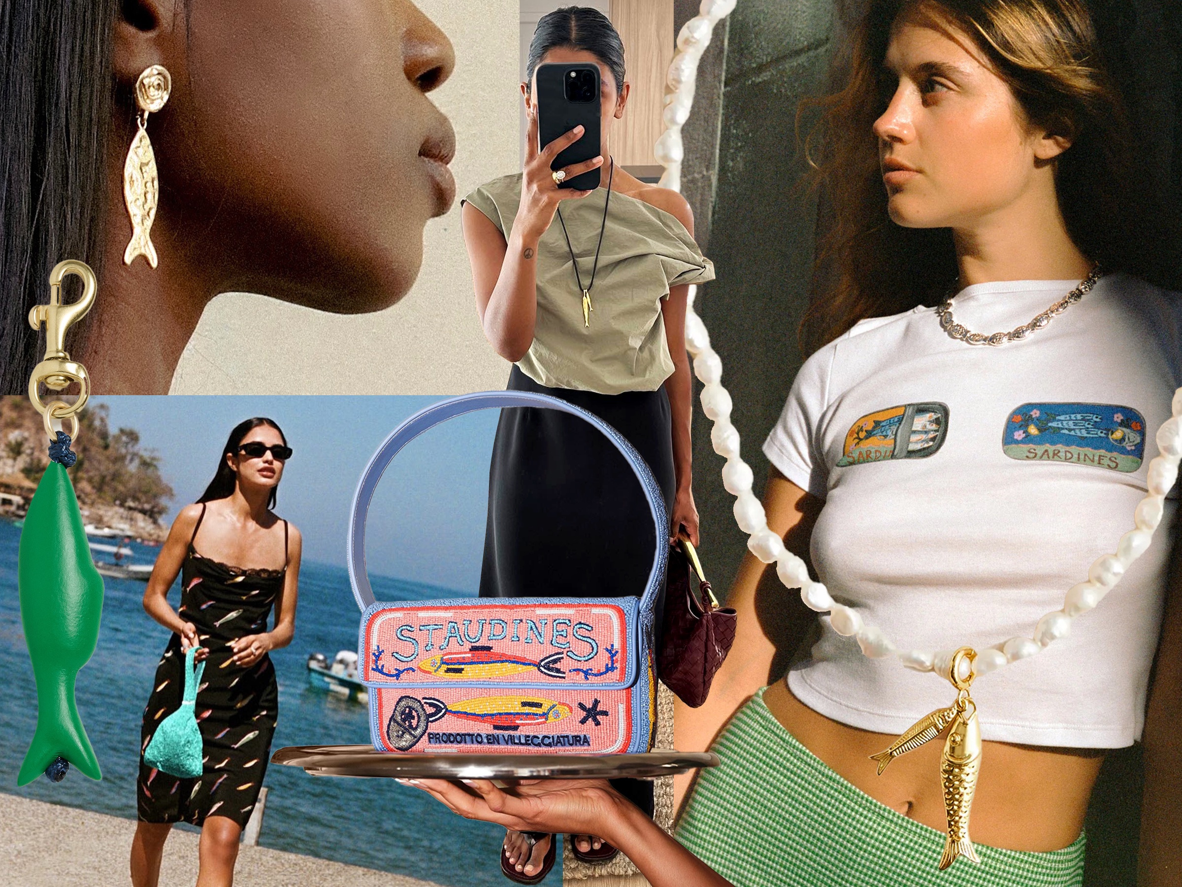 fashion collage of the 2025 trend sardine trend including Staud clothing and bags, a sardine-print tee, sardine keychain, and influencers like Emmanuelle Koffi and Monikh Dale wearing earrings and necklaces,