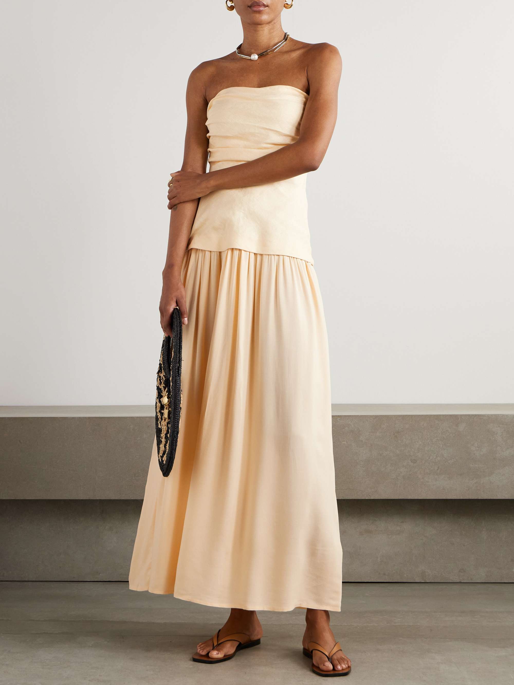 Hedy Strapless Gathered Linen and Voile Maxi Dress