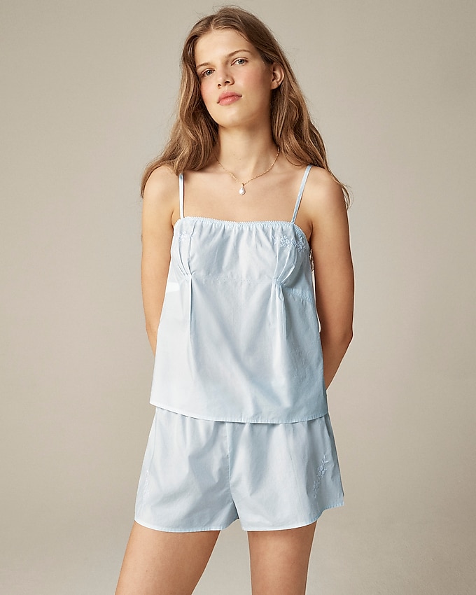 Embroidered Camisole and Pajama Short Set in Cotton Poplin