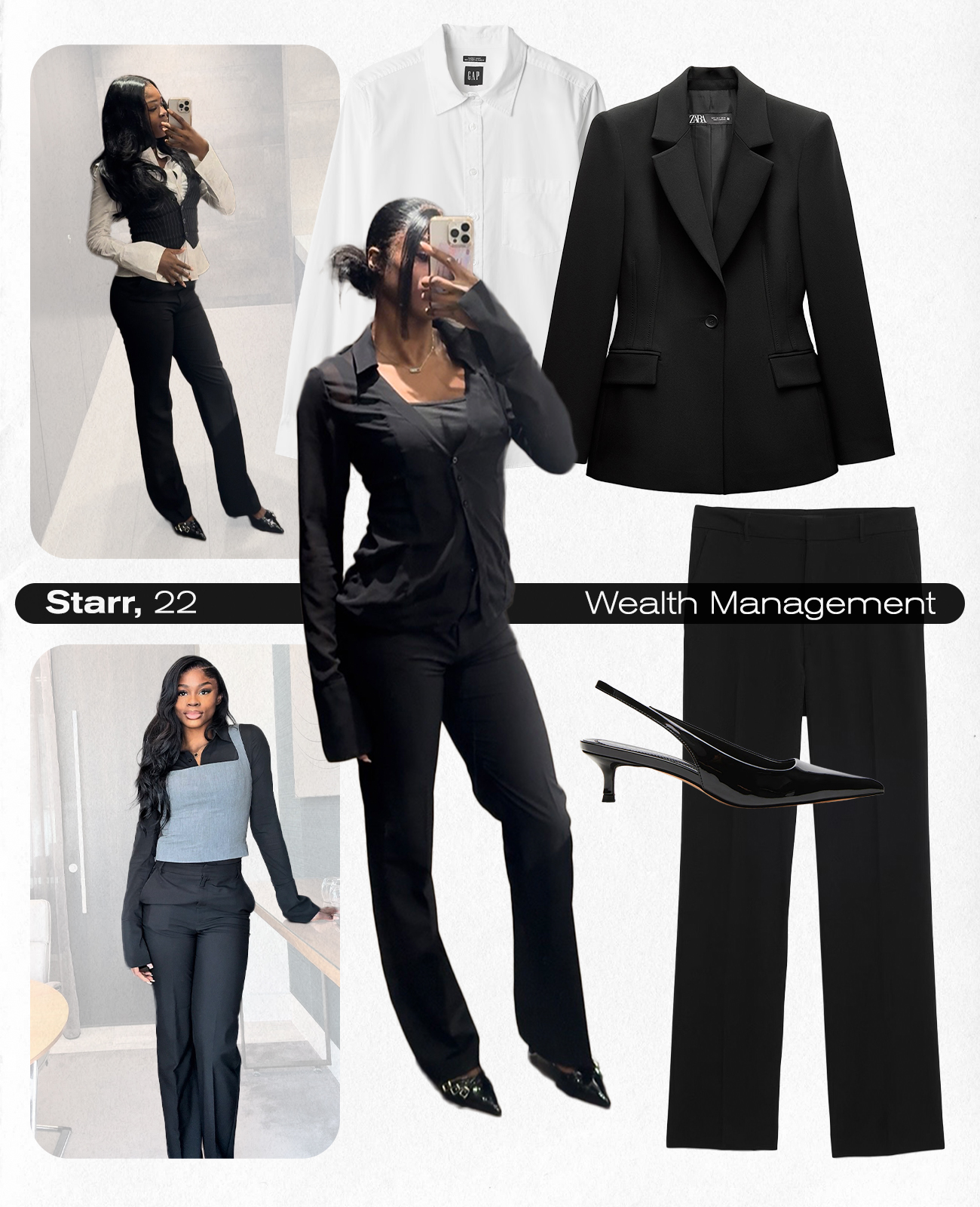 Photo collage of Gen Z corporate work outfits.