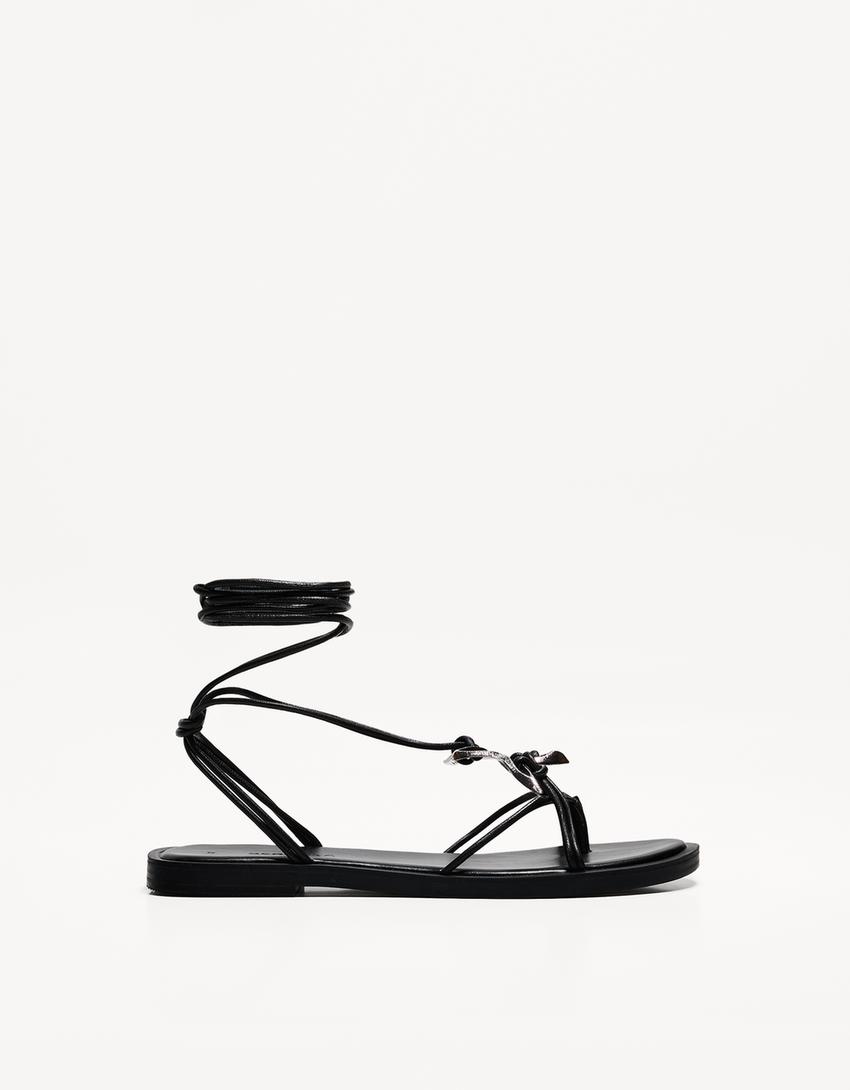 Flat Lace-Up Sandals With Metal Detail