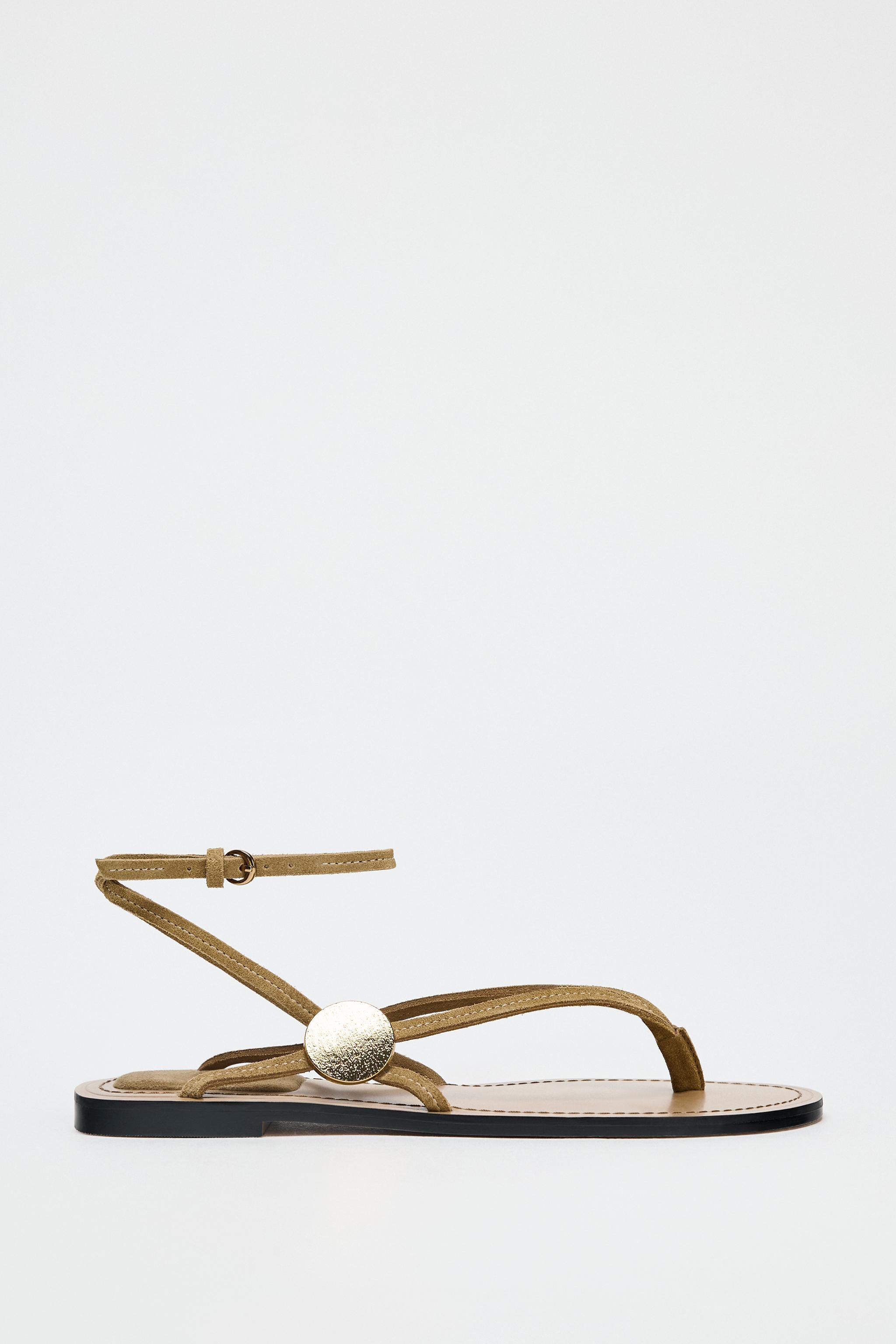 ZARA Suede Flat Sandals With AppliquÉ