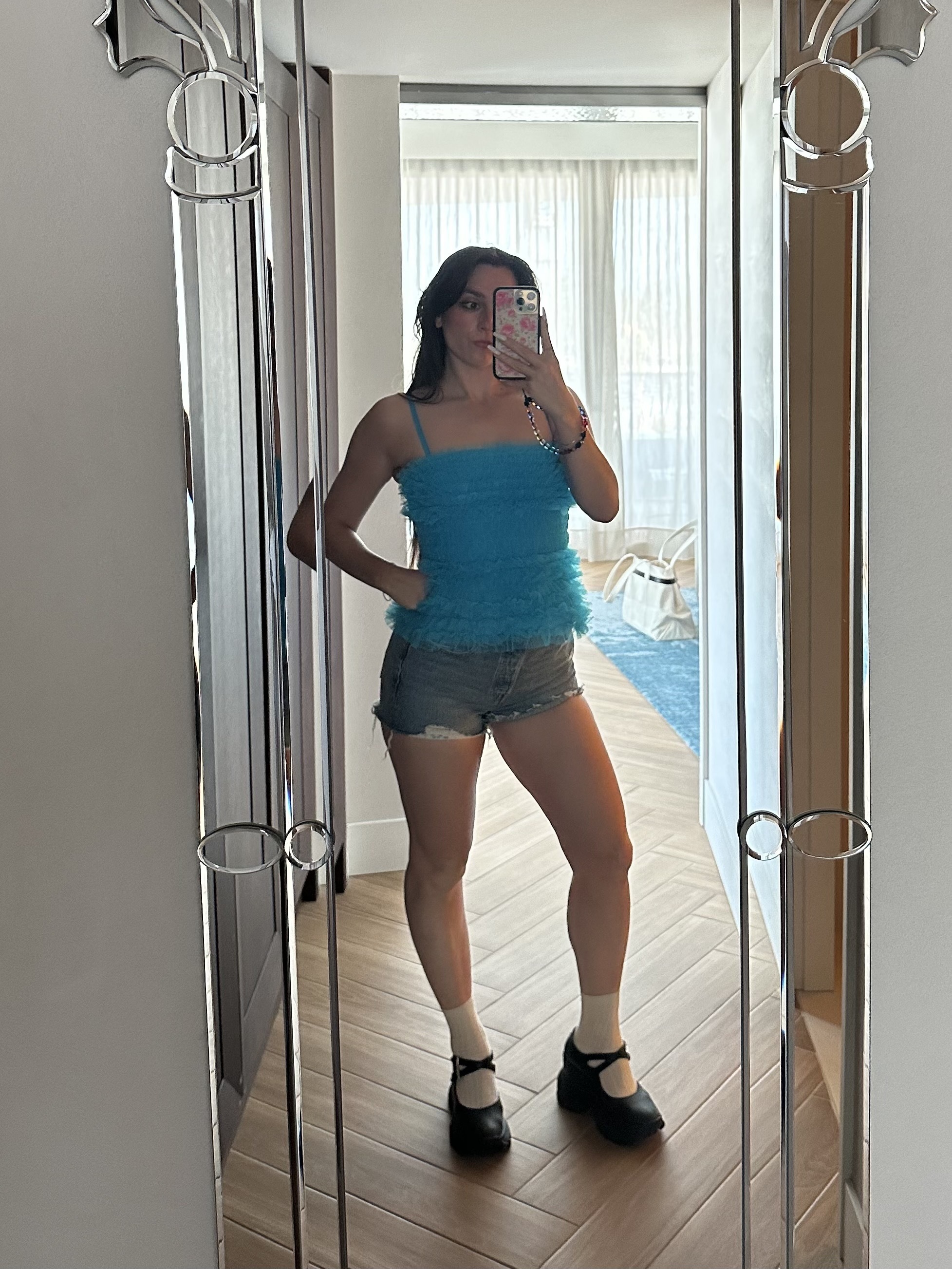 Selfie in denim shorts