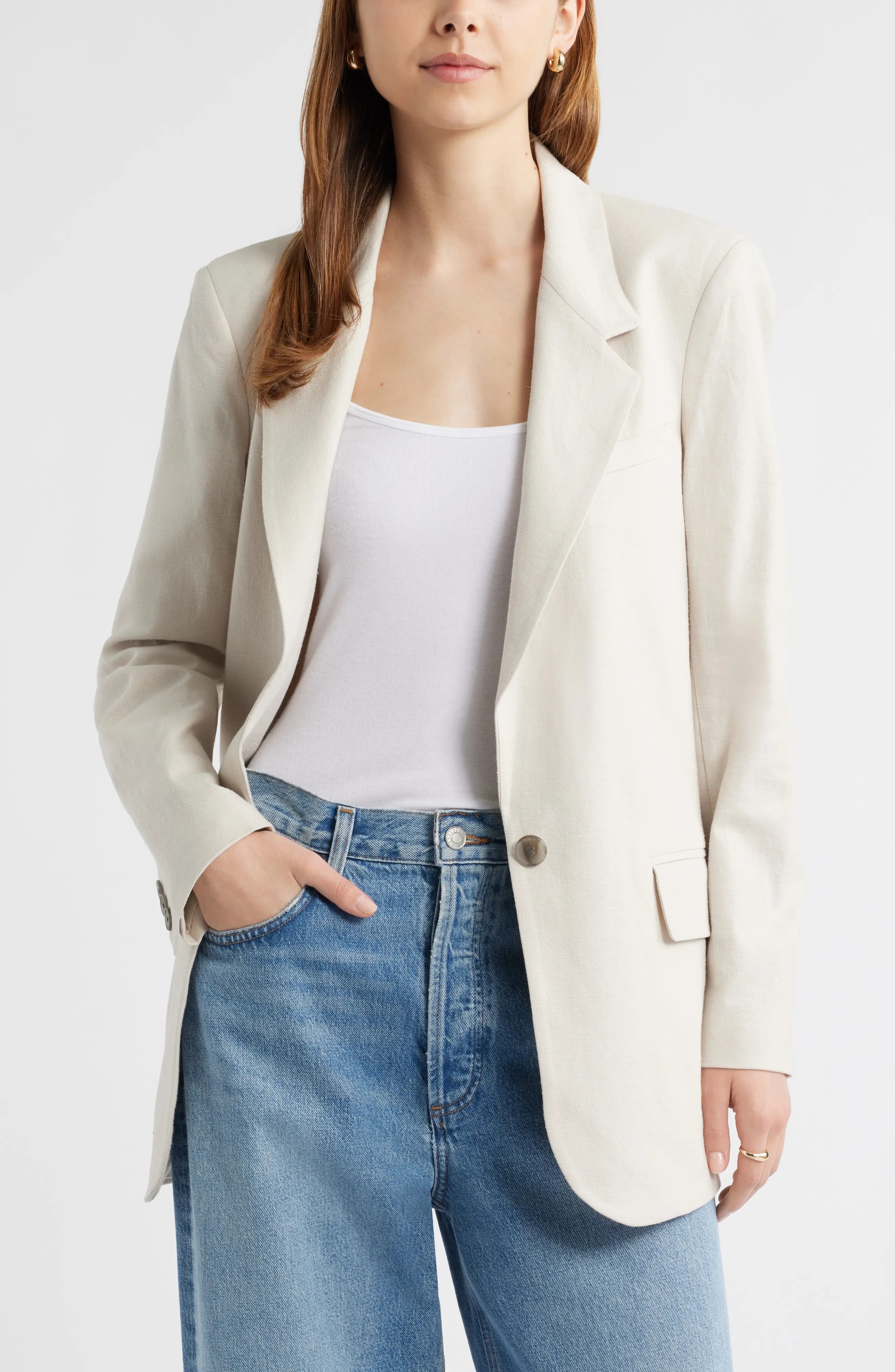Open Edit, Everyday One-Button Linen Blend Blazer