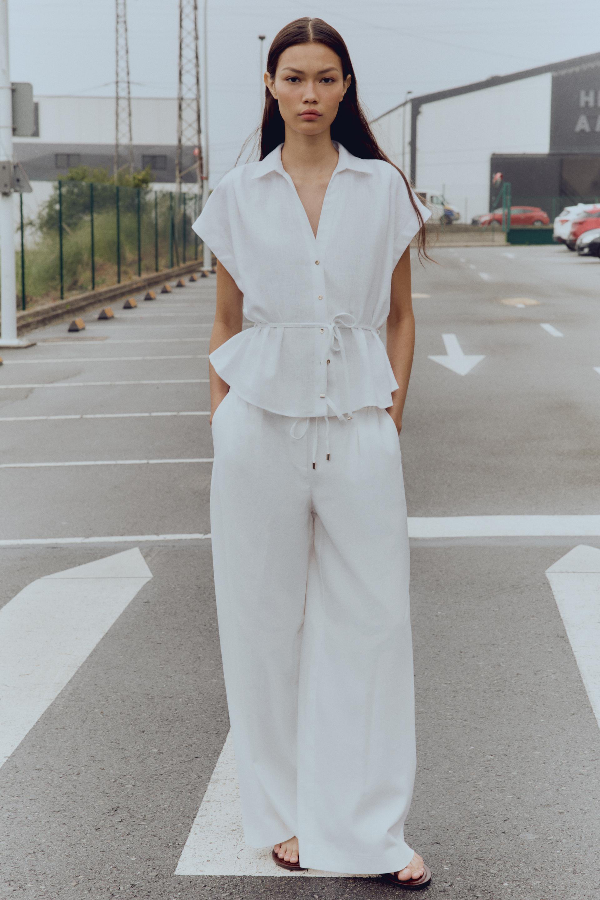 Linen Blend Wide-Leg Trousers With Belt