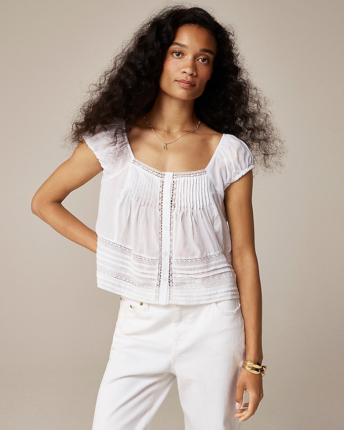 Cap-Sleeve Lace-Trim Top in Cotton Voile
