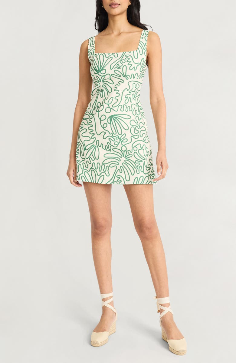Squiggle Print Square Neck Linen Blend Minidress