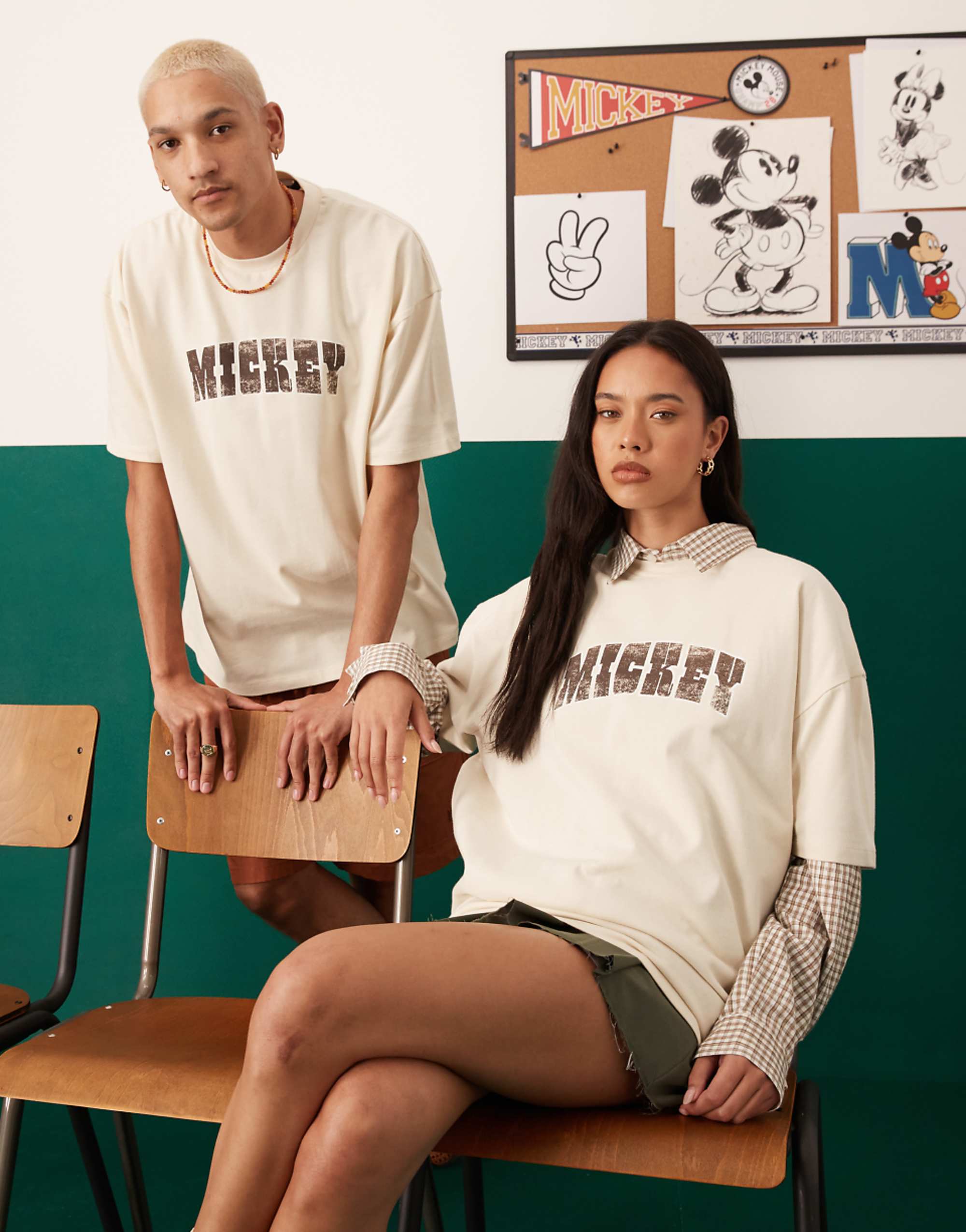 Asos Design Disney Unisex Oversized T-Shirt With Mickey Mouse Print in Beige