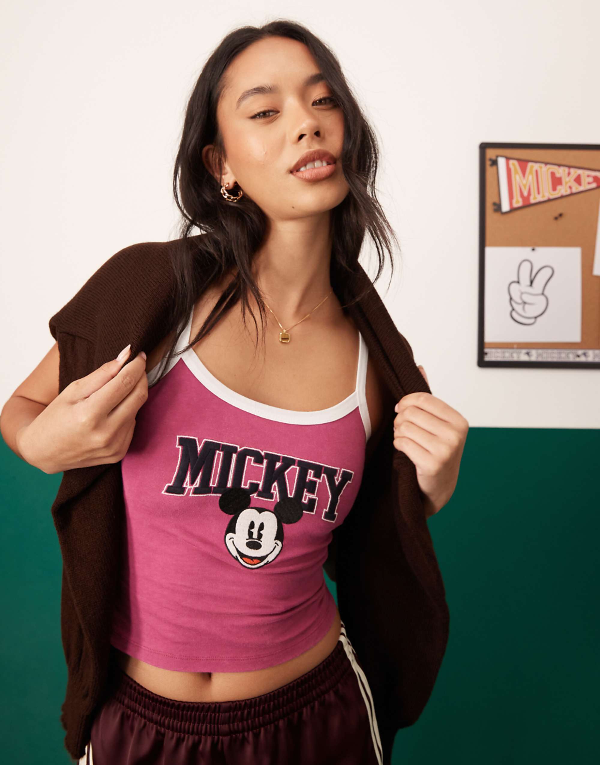 Asos Design Disney Cropped Vest Top With Mickey Mouse Print in Pink