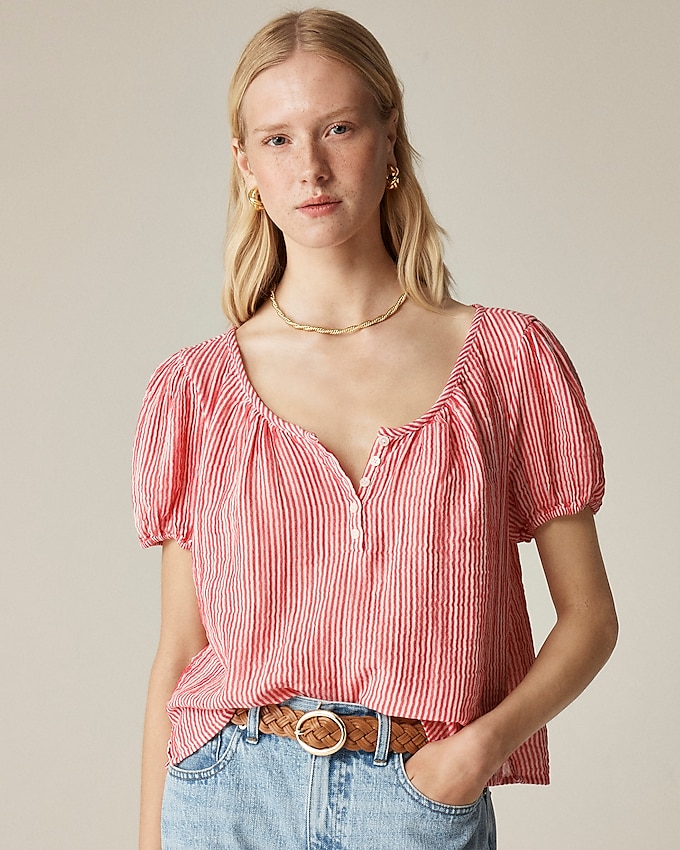 Puff-Sleeve Henley in Striped Gauze