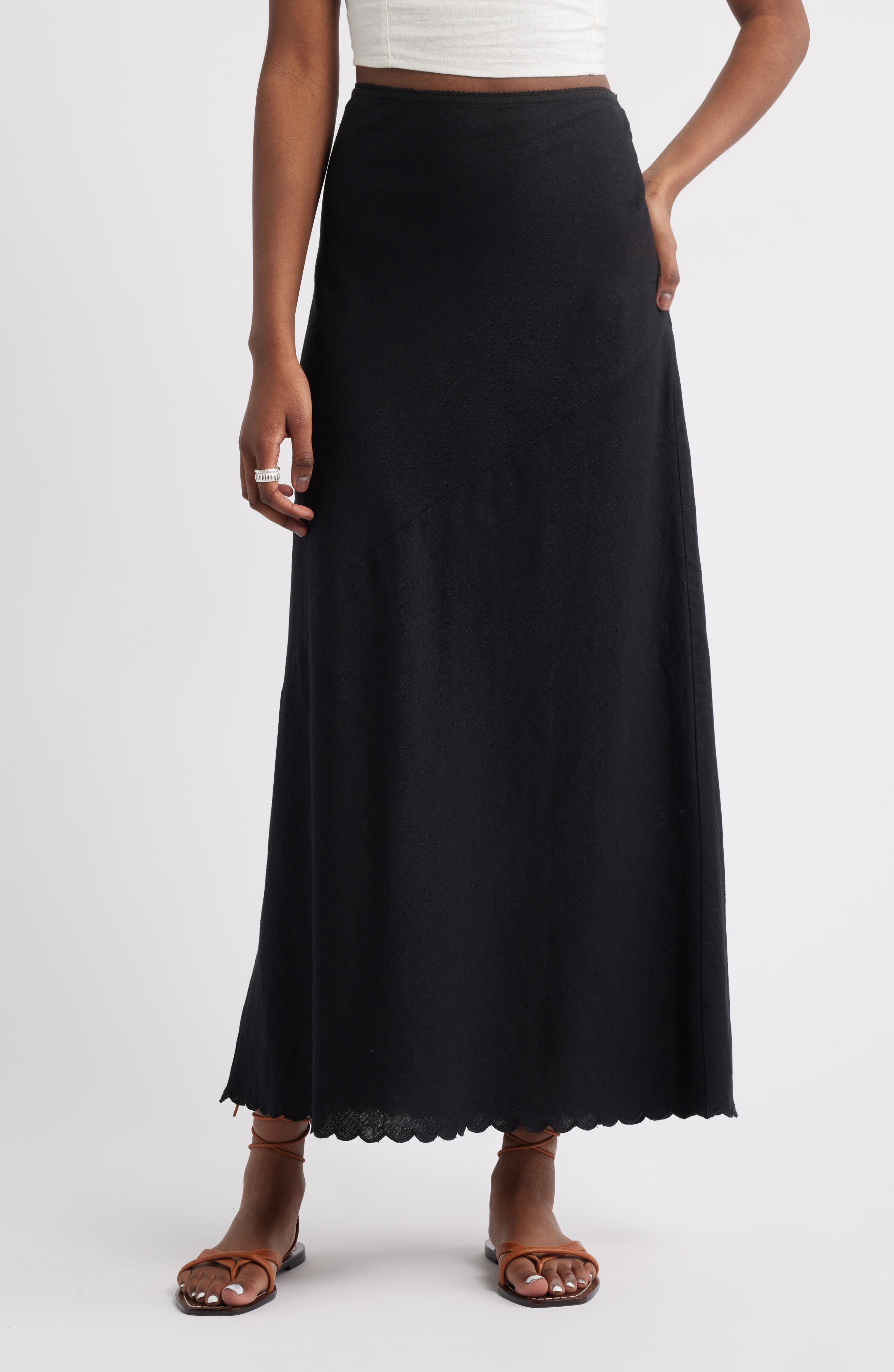 Treasure & Bond, Scalloped Hem Linen Blend Maxi Skirt