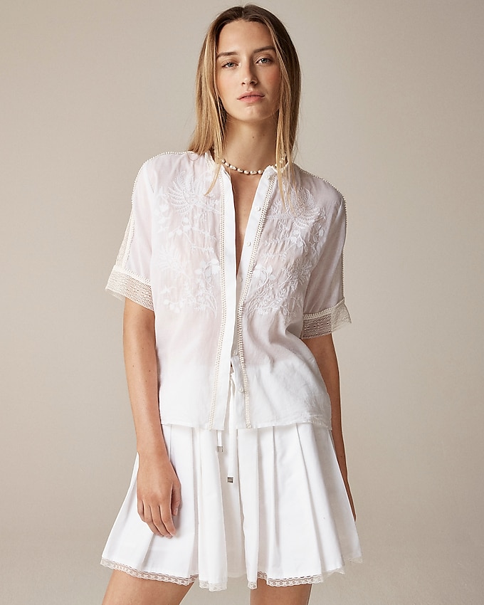 Embroidered Lace-Trim Button-Up Shirt in Cotton Voile