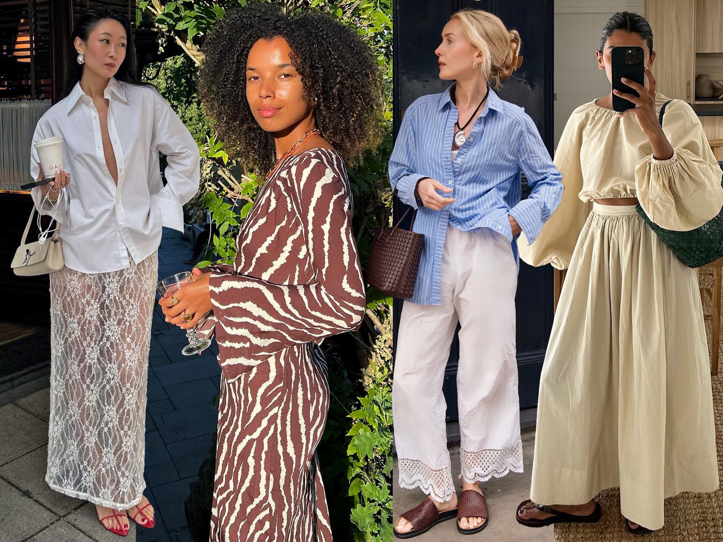 fashion collage of four style influencers including Caroline Lin, Fia Hamelijnck, Chloe Butler, and Monikh Dale wearing chic arm-covering summer outfit ideas with long sleeves