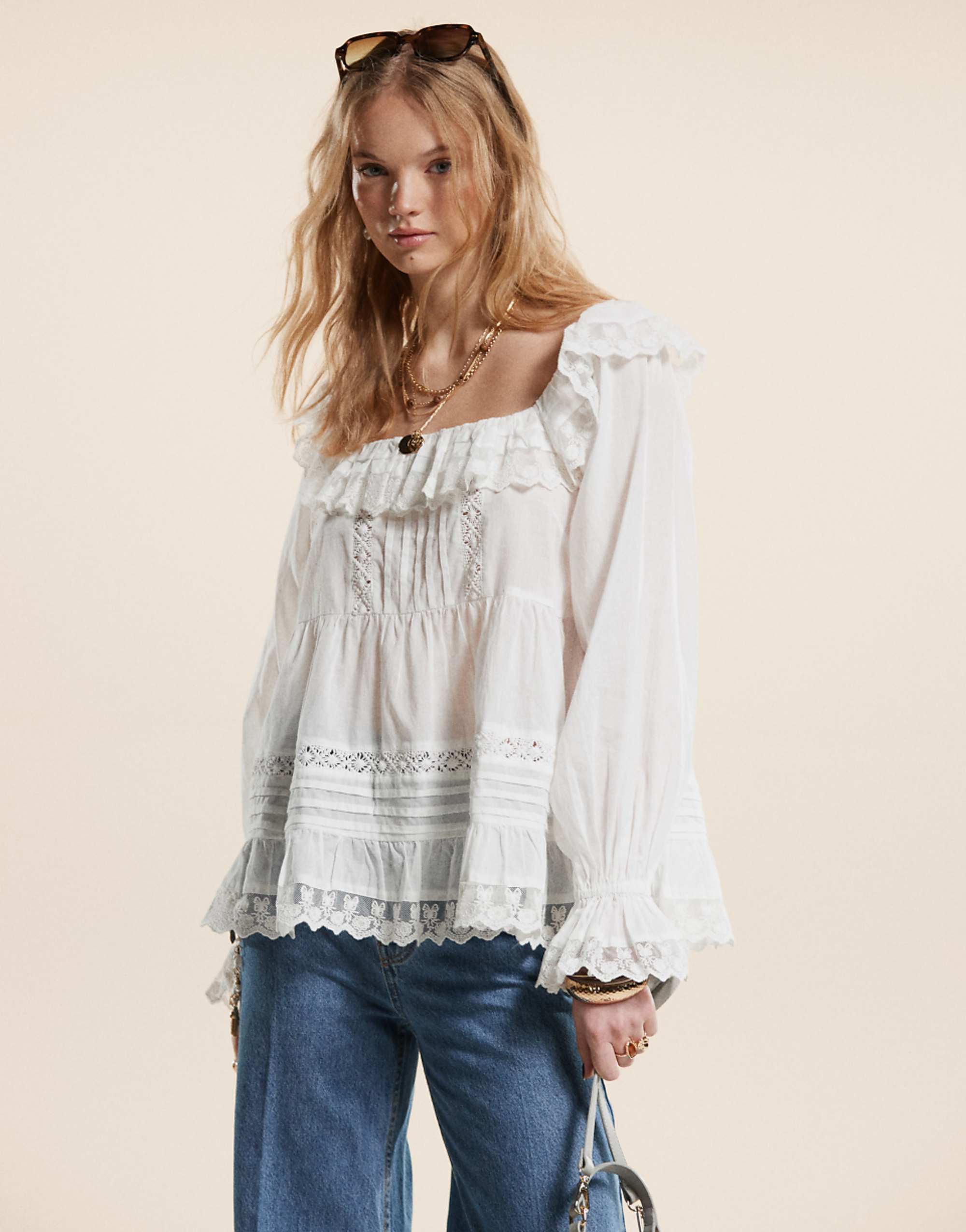 Asos Design Mixed Lace and Broderie Square Neck Top in White